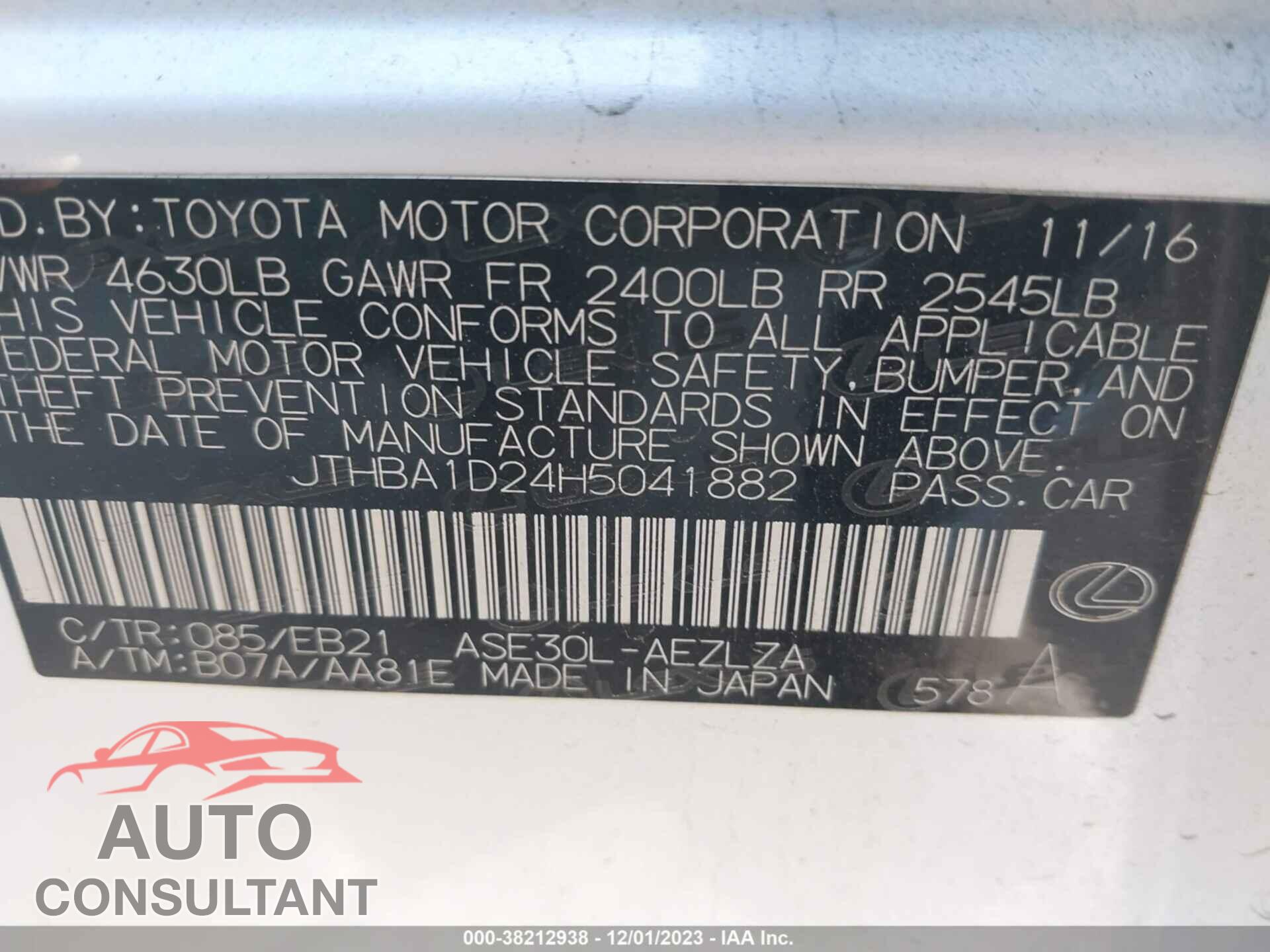 LEXUS IS 200T 2017 - JTHBA1D24H5041882