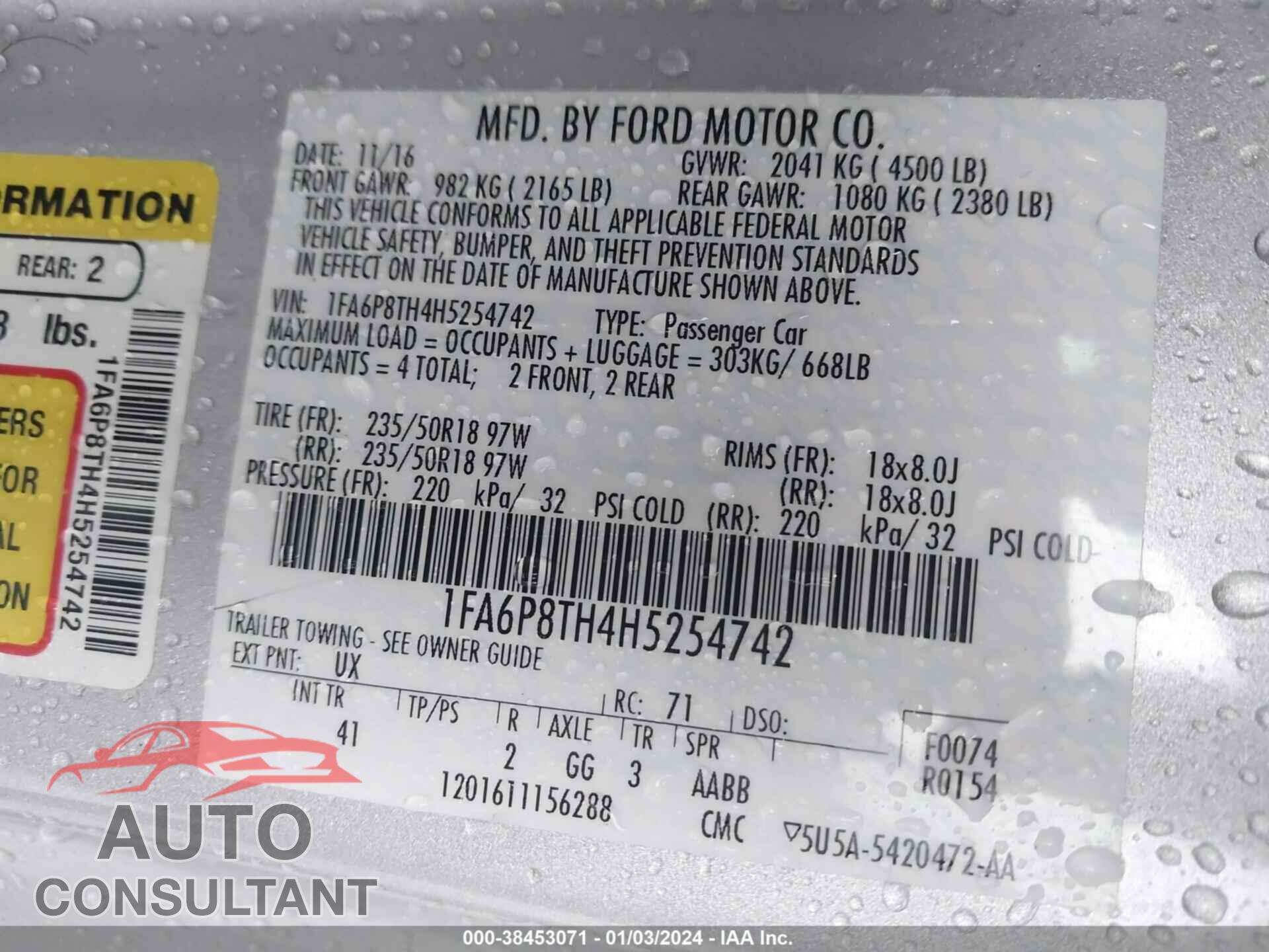 FORD MUSTANG 2017 - 1FA6P8TH4H5254742