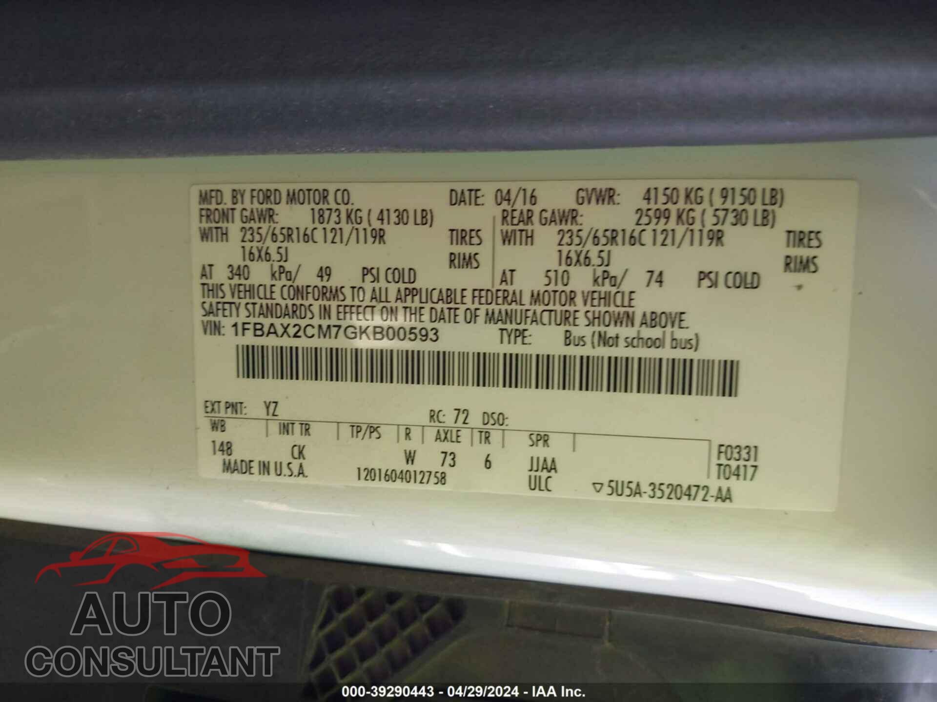 FORD TRANSIT-350 2016 - 1FBAX2CM7GKB00593