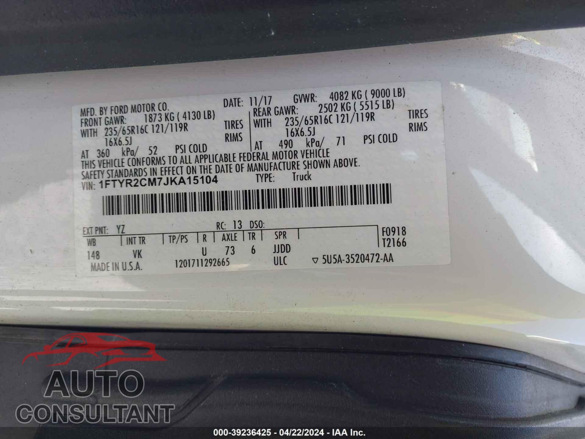 FORD TRANSIT-250 2018 - 1FTYR2CM7JKA15104