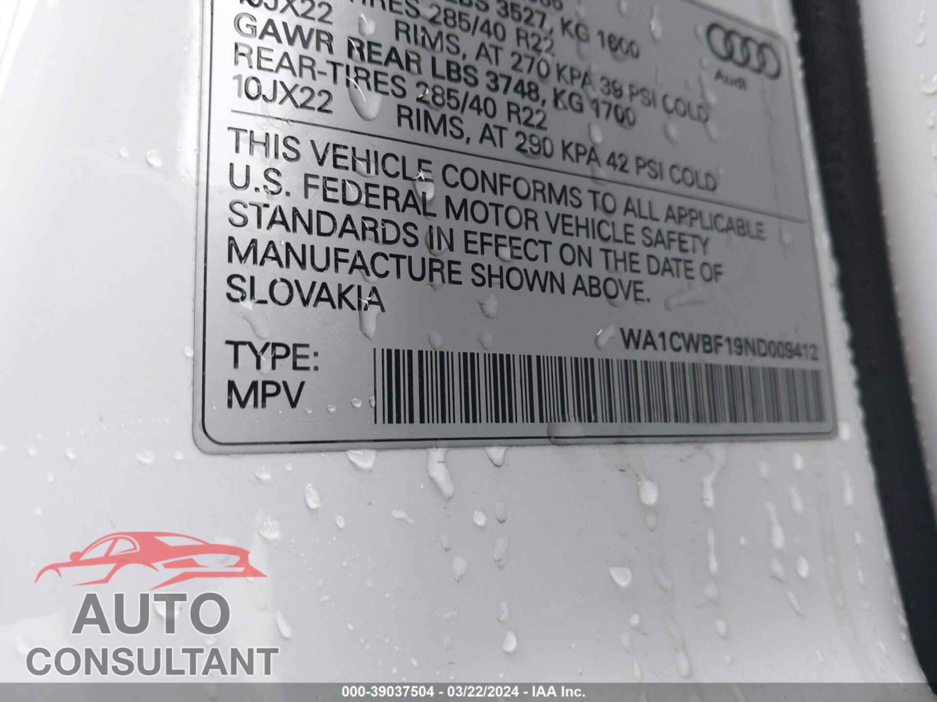 AUDI SQ8 2022 - WA1CWBF19ND009412