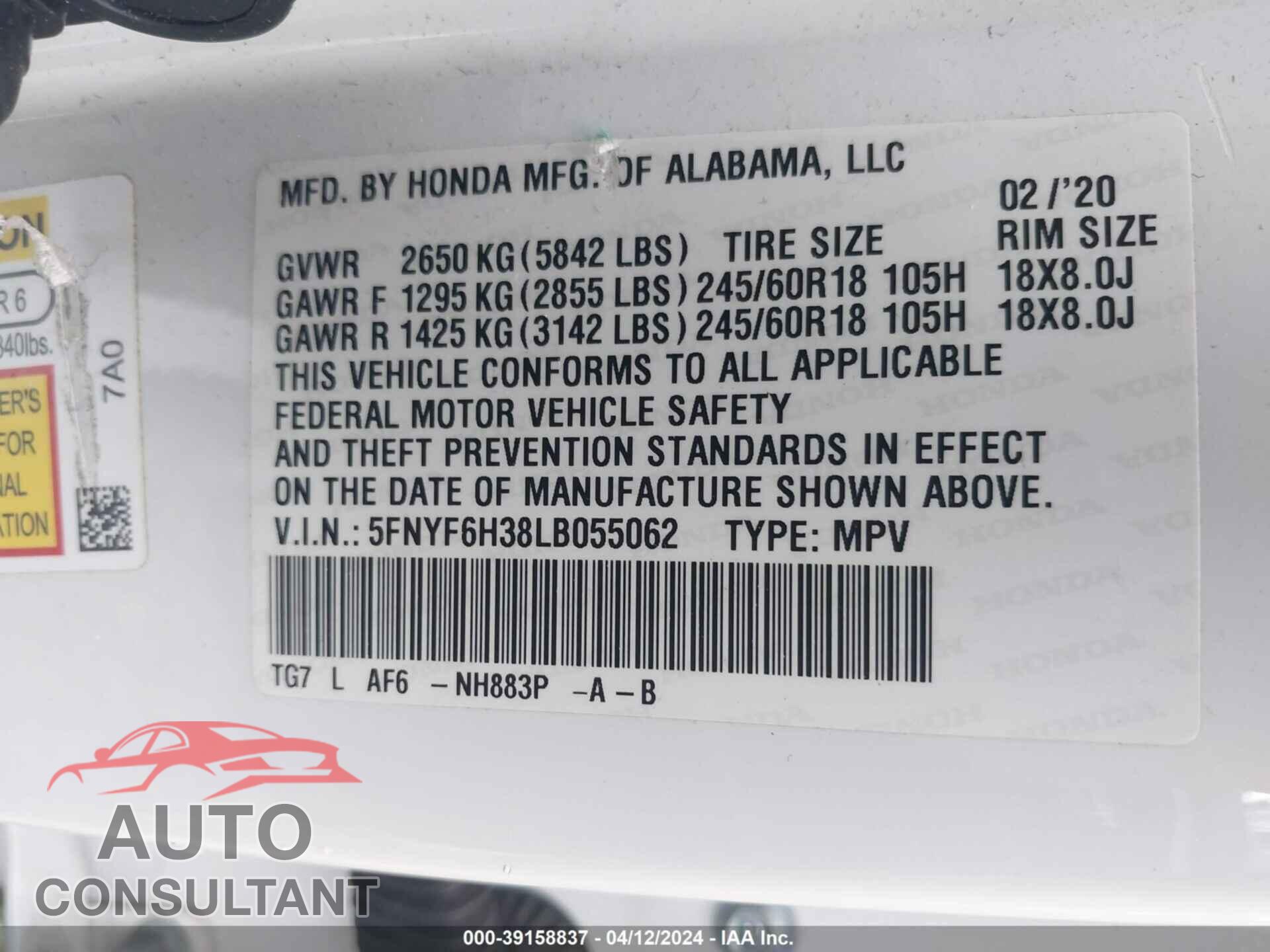 HONDA PILOT 2020 - 5FNYF6H38LB055062