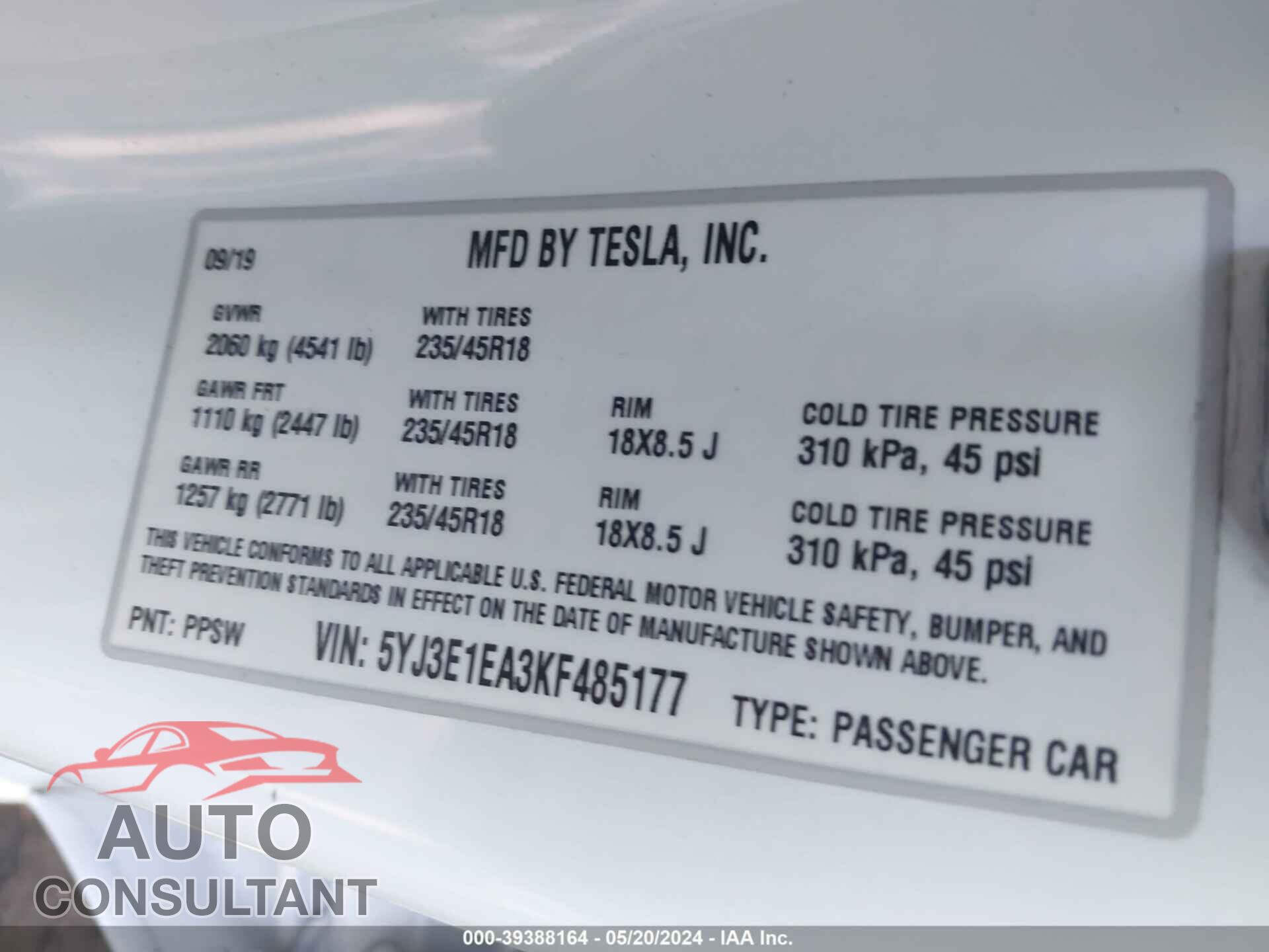 TESLA MODEL 3 2019 - 5YJ3E1EA3KF485177