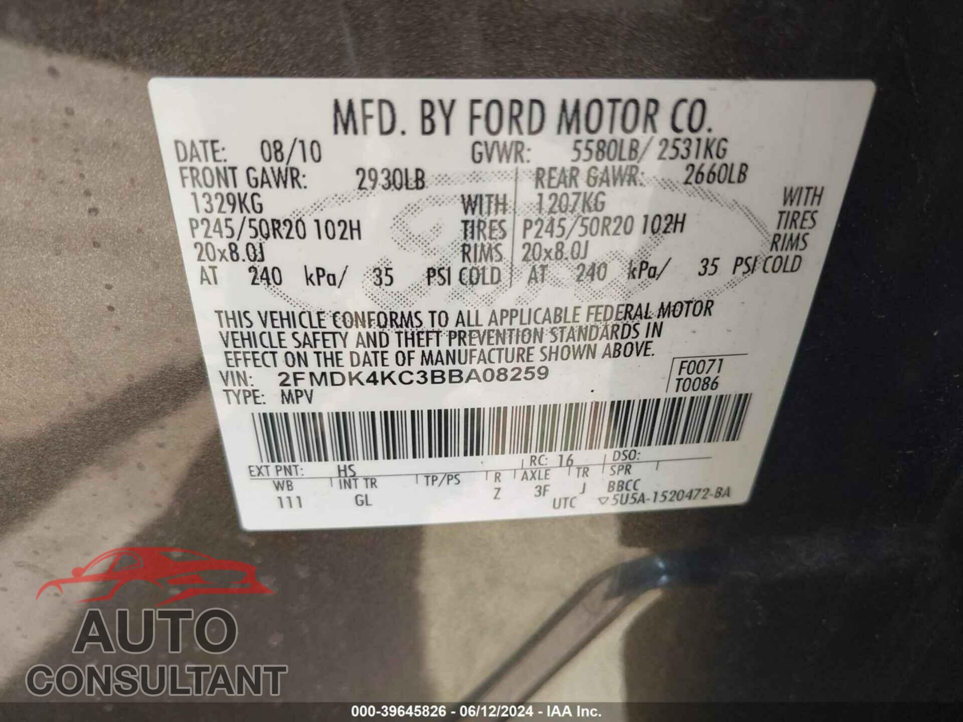 FORD EDGE 2011 - 2FMDK4KC3BBA08259