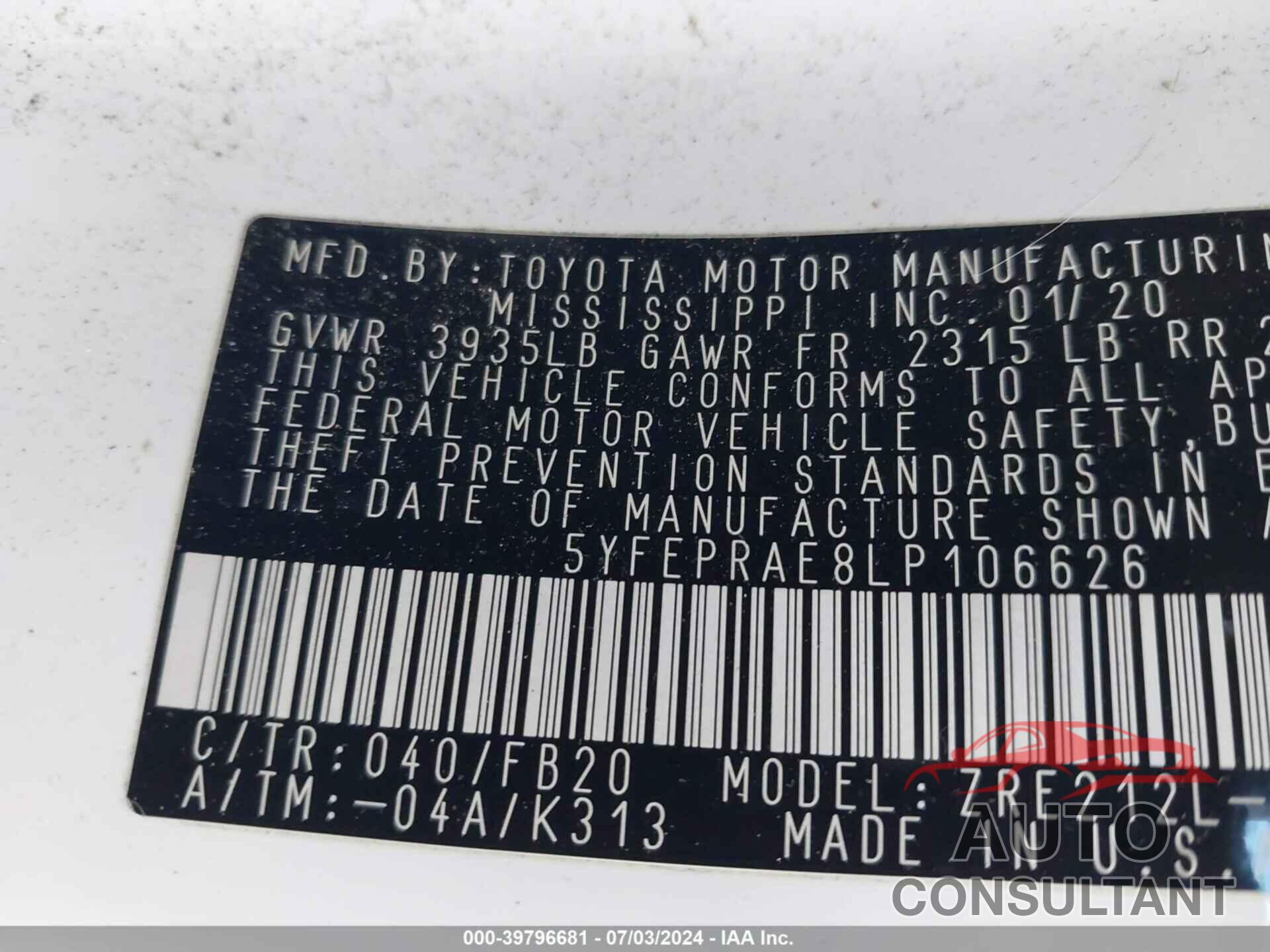 TOYOTA COROLLA 2020 - 5YFEPRAE8LP106626