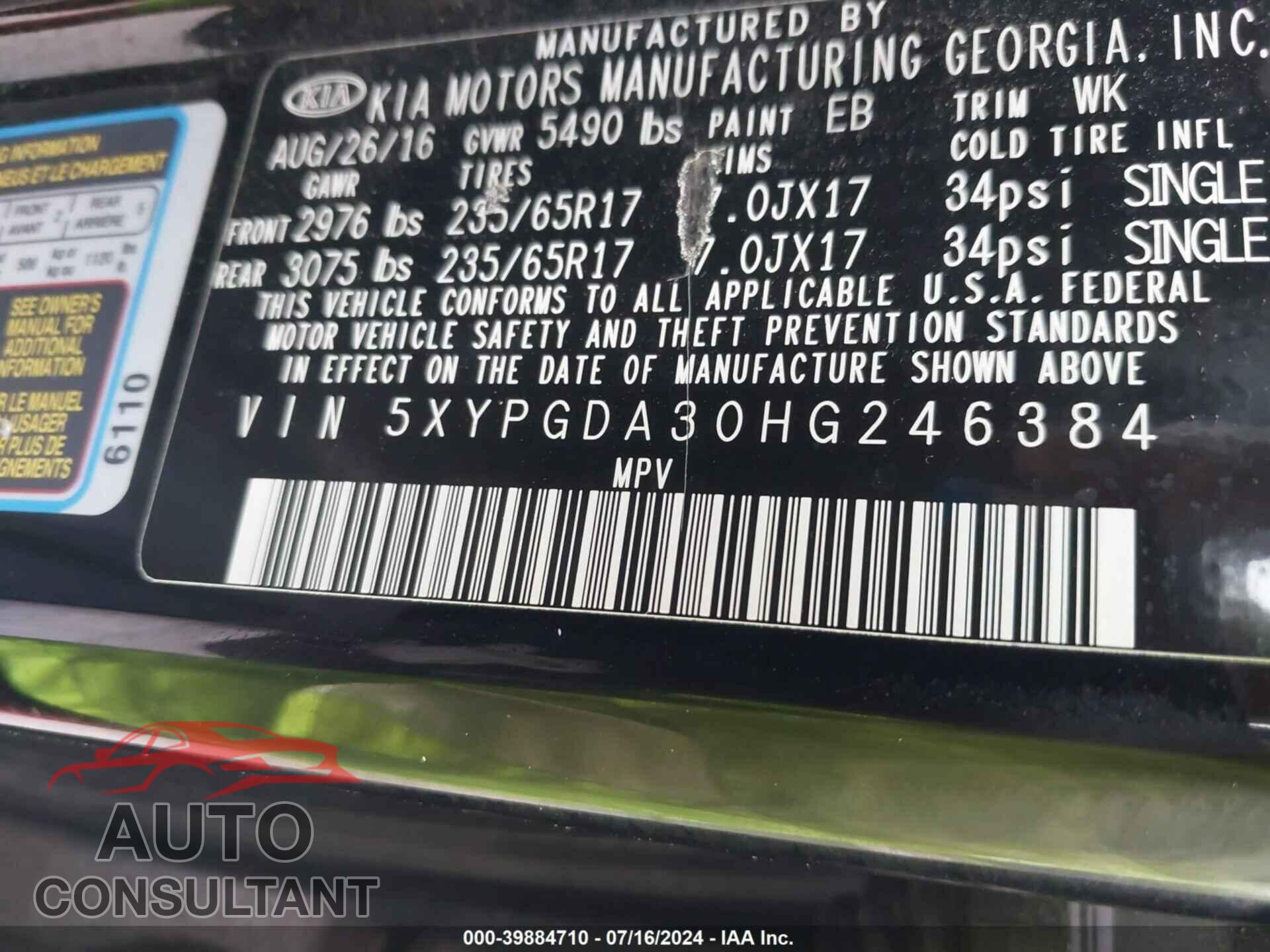 KIA SORENTO 2017 - 5XYPGDA30HG246384