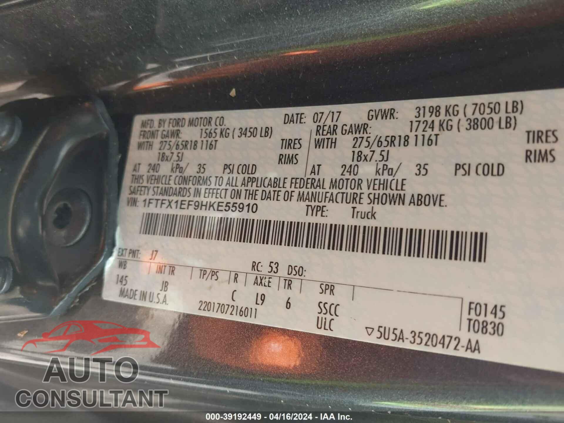 FORD F-150 2017 - 1FTFX1EF9HKE55910