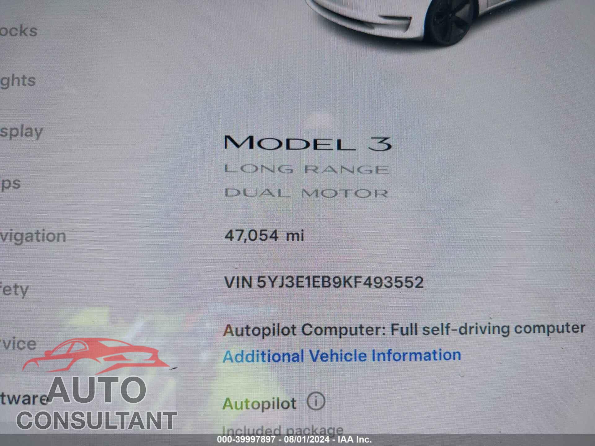 TESLA MODEL 3 2019 - 5YJ3E1EB9KF493552