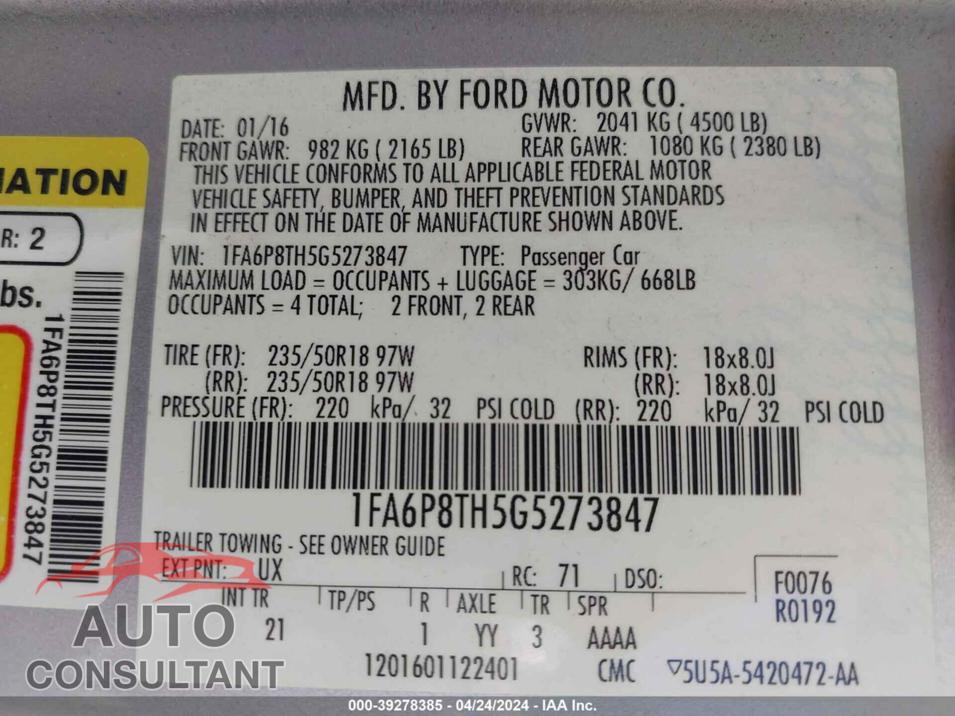 FORD MUSTANG 2016 - 1FA6P8TH5G5273847