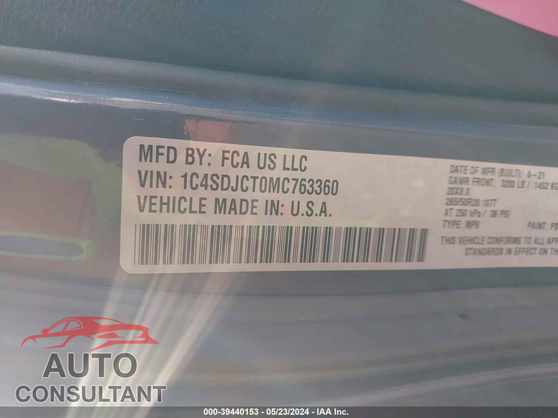DODGE DURANGO 2021 - 1C4SDJCT0MC763360