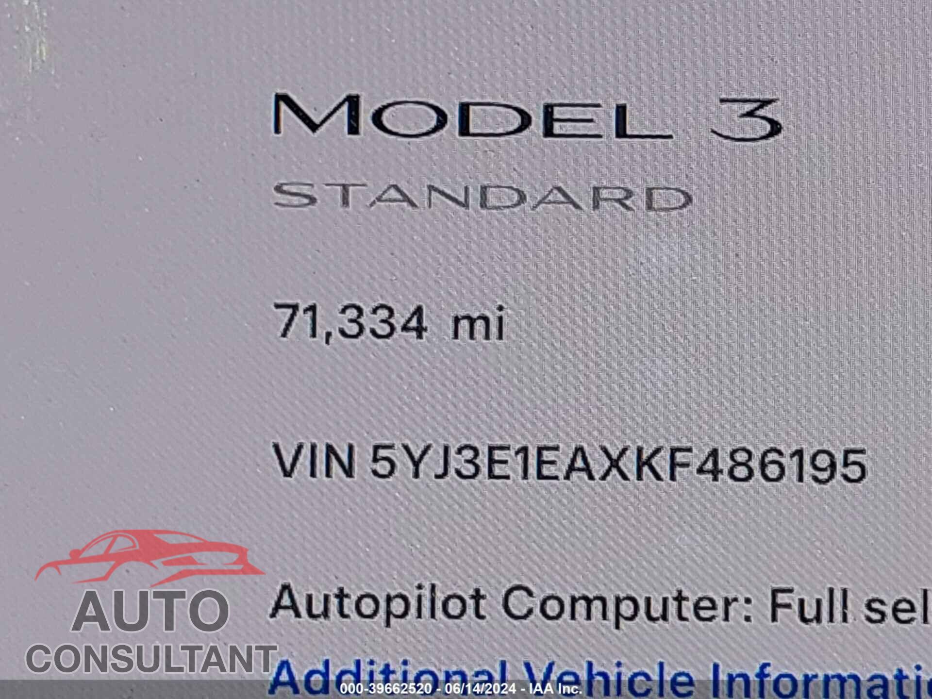 TESLA MODEL 3 2019 - 5YJ3E1EAXKF486195