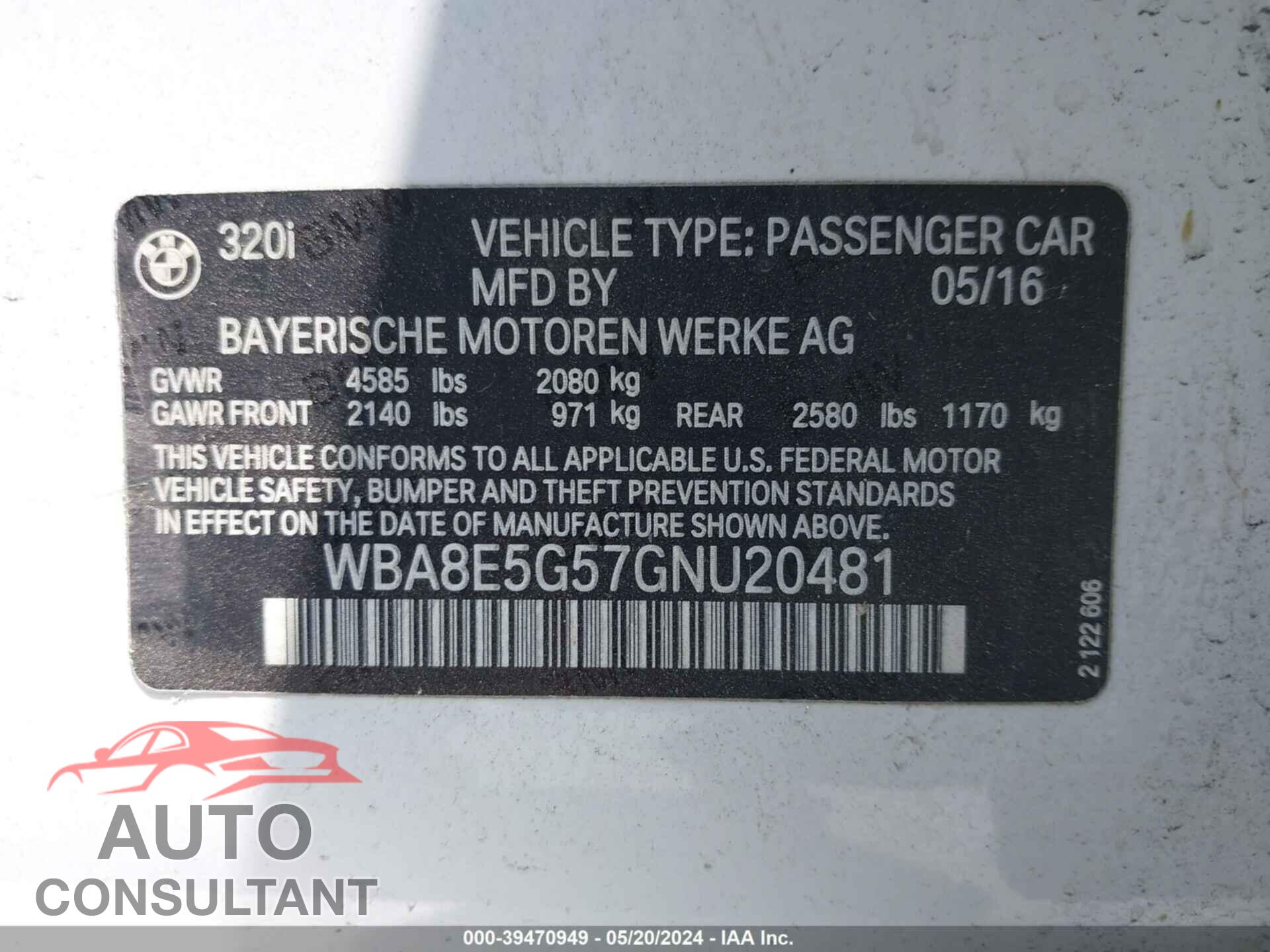 BMW 320I 2016 - WBA8E5G57GNU20481