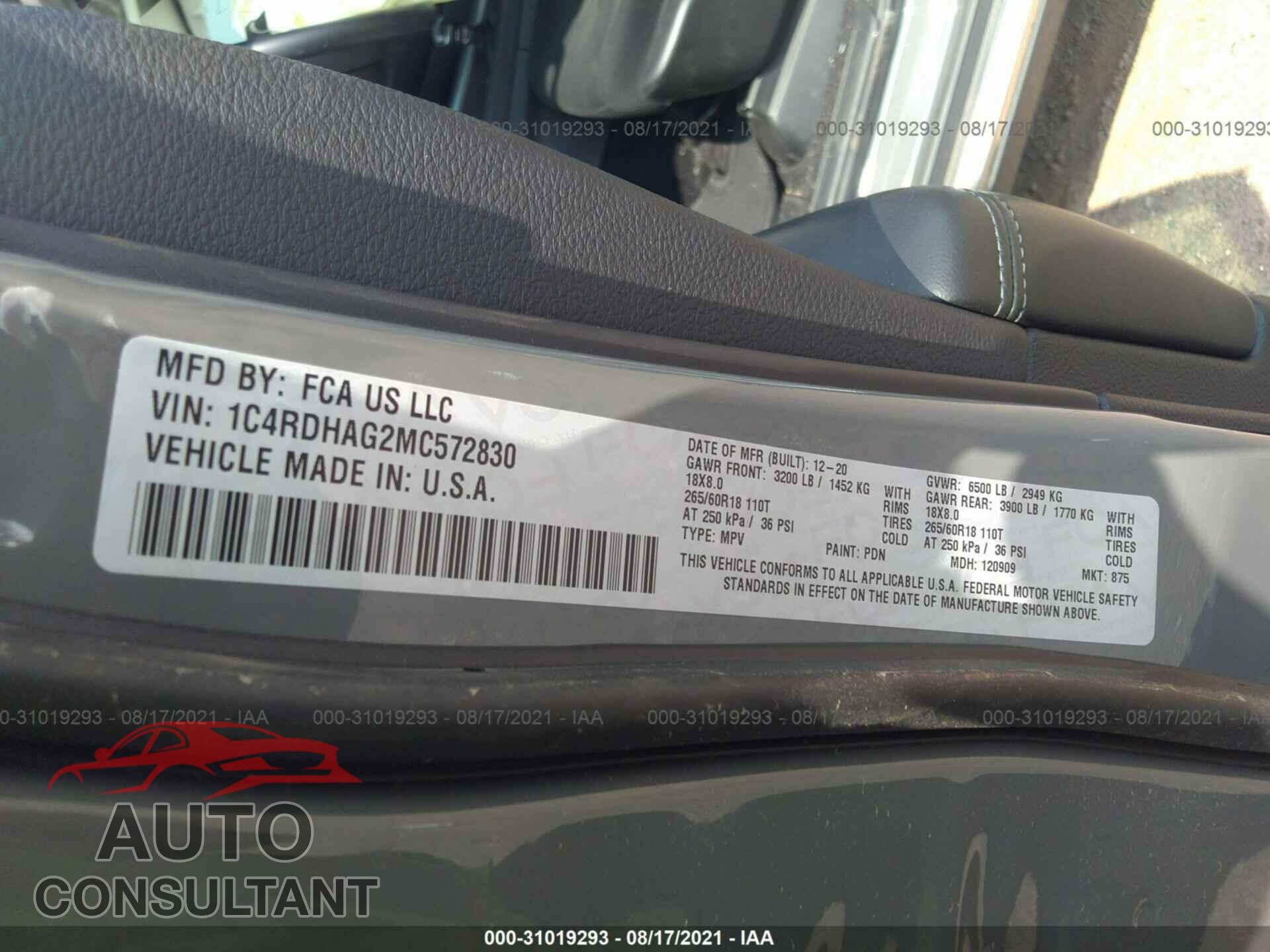 DODGE DURANGO 2021 - 1C4RDHAG2MC572830