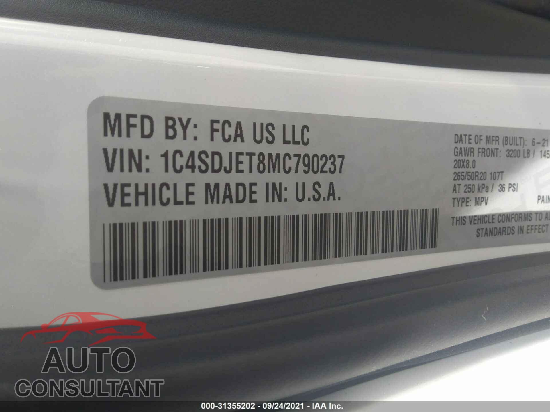 DODGE DURANGO 2021 - 1C4SDJET8MC790237