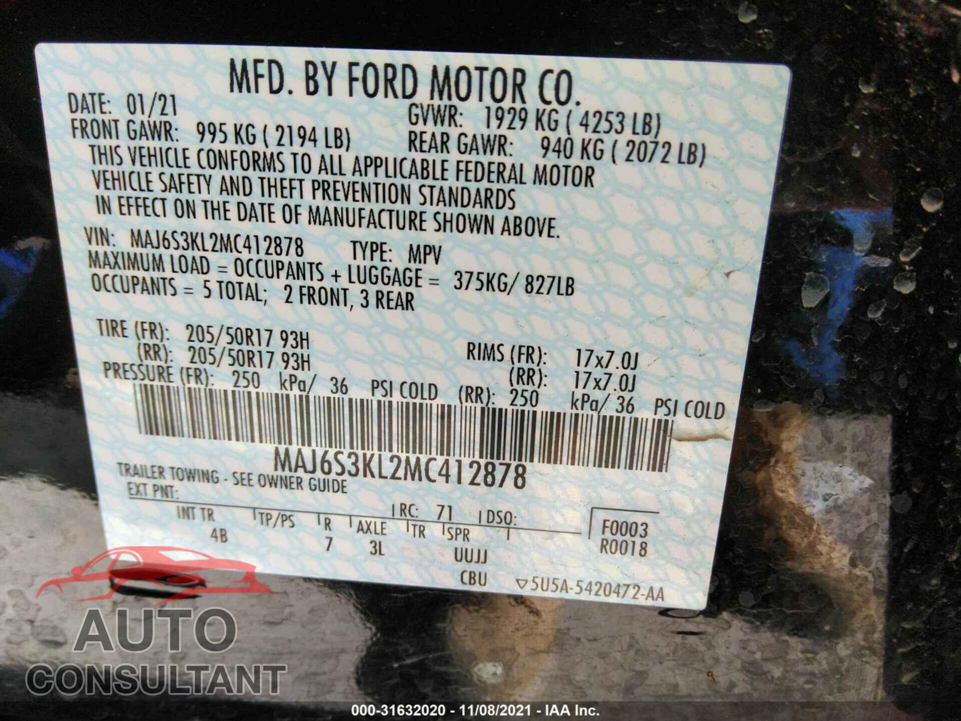 FORD ECOSPORT 2021 - MAJ6S3KL2MC412878