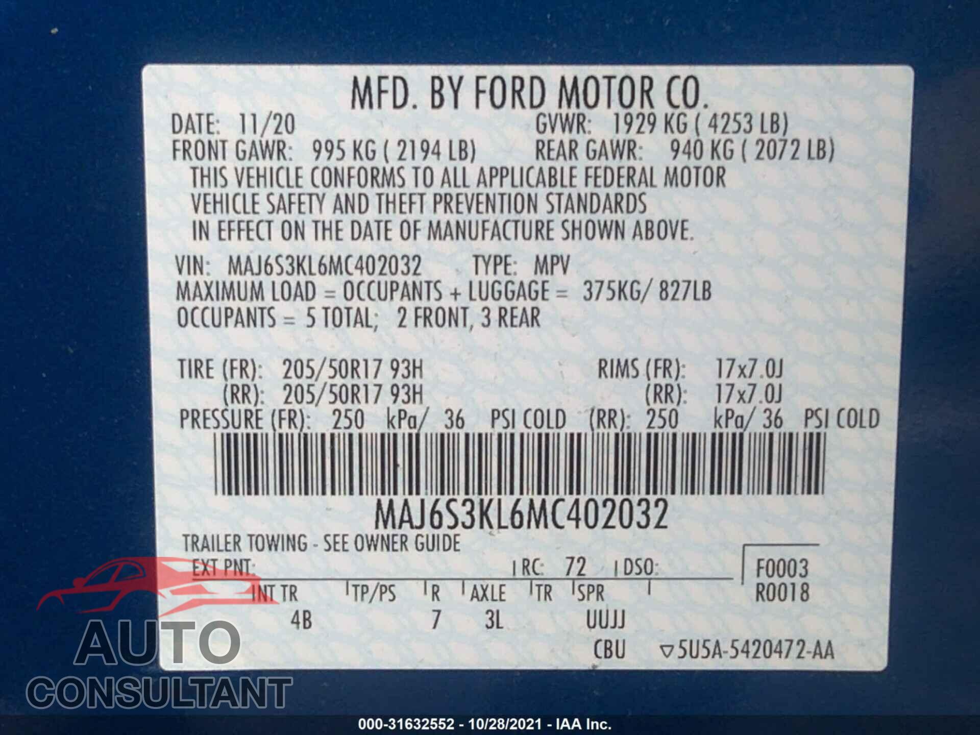 FORD ECOSPORT 2021 - MAJ6S3KL6MC402032