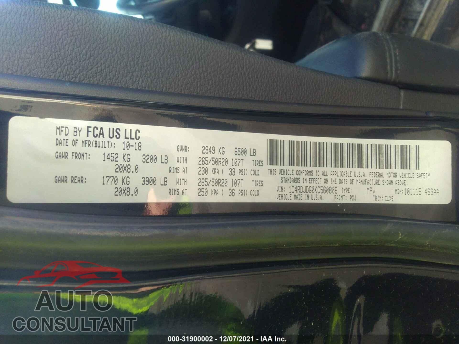 DODGE DURANGO 2019 - 1C4RDJDG0KC560806