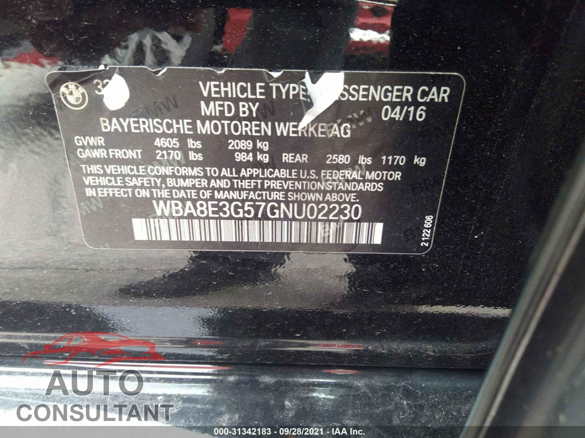 BMW 3 SERIES 2016 - WBA8E3G57GNU02230