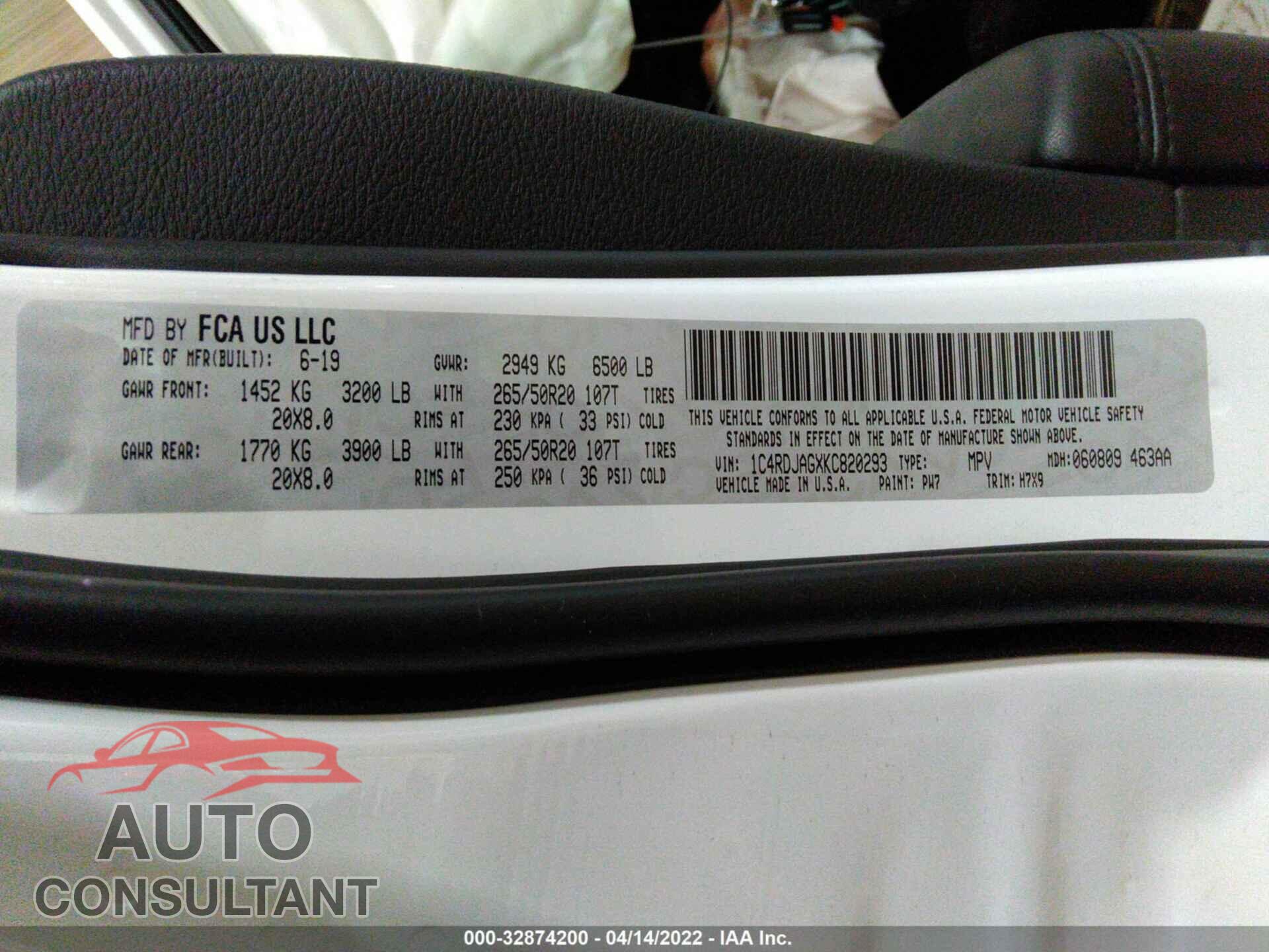 DODGE DURANGO 2019 - 1C4RDJAGXKC820293