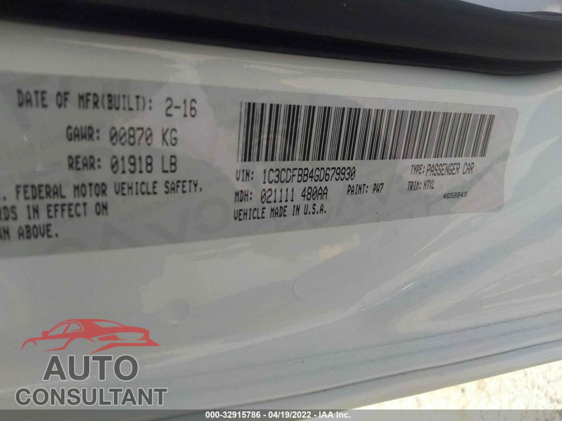 DODGE DART 2016 - 1C3CDFBB4GD679930