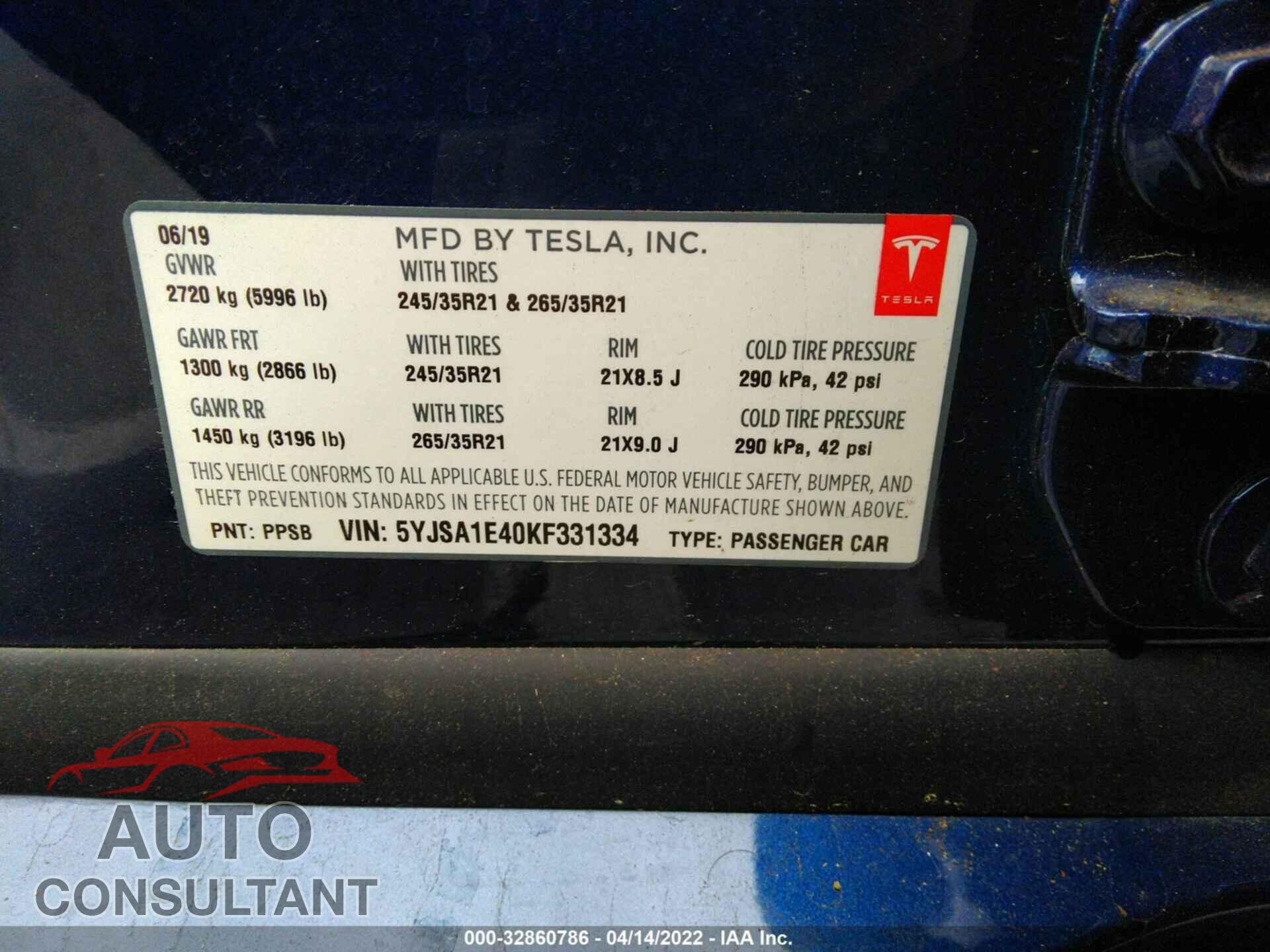 TESLA MODEL S 2019 - 5YJSA1E40KF331334