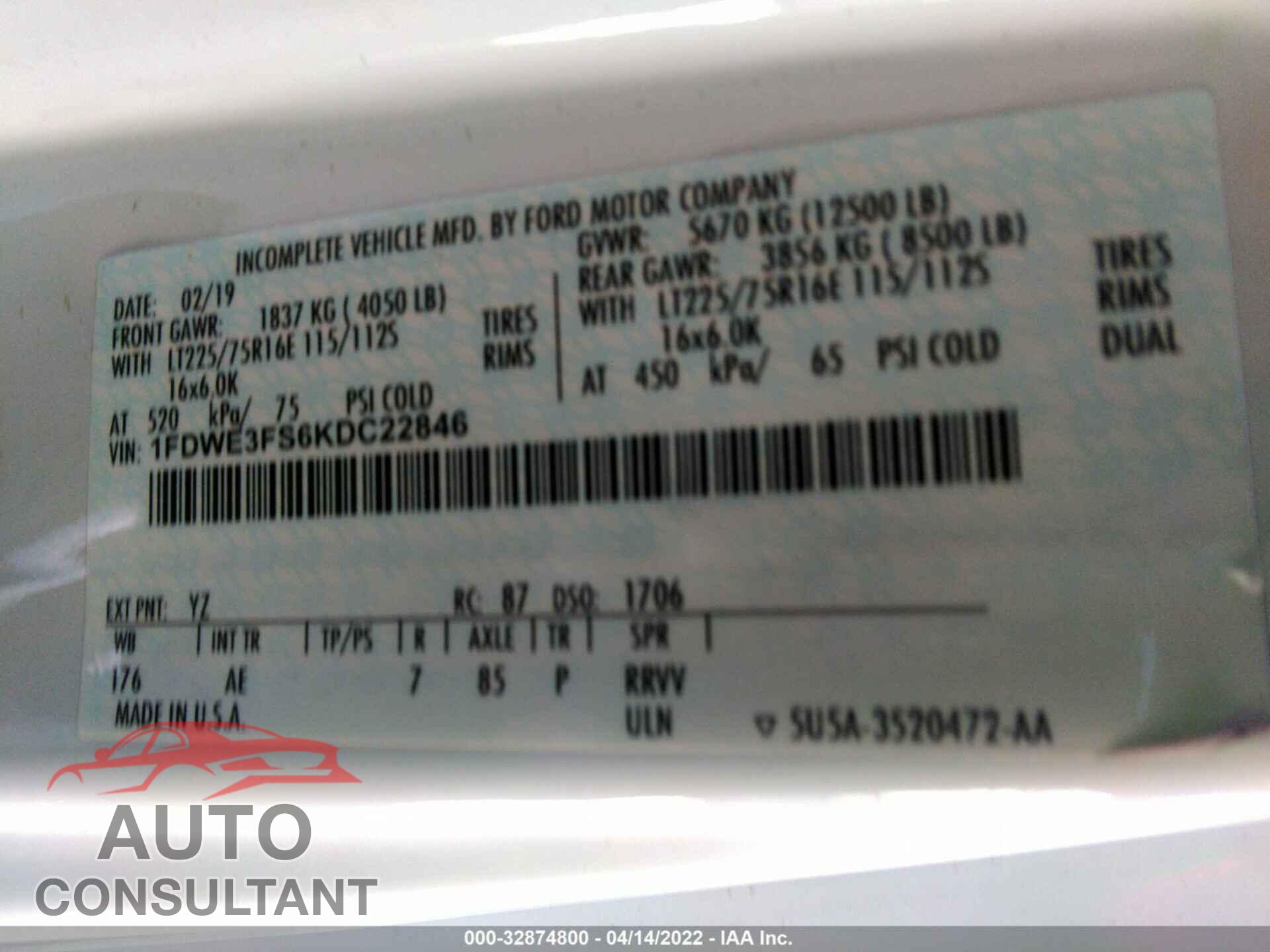 FORD E-SERIES CUTAWAY 2019 - 1FDWE3FS6KDC22846