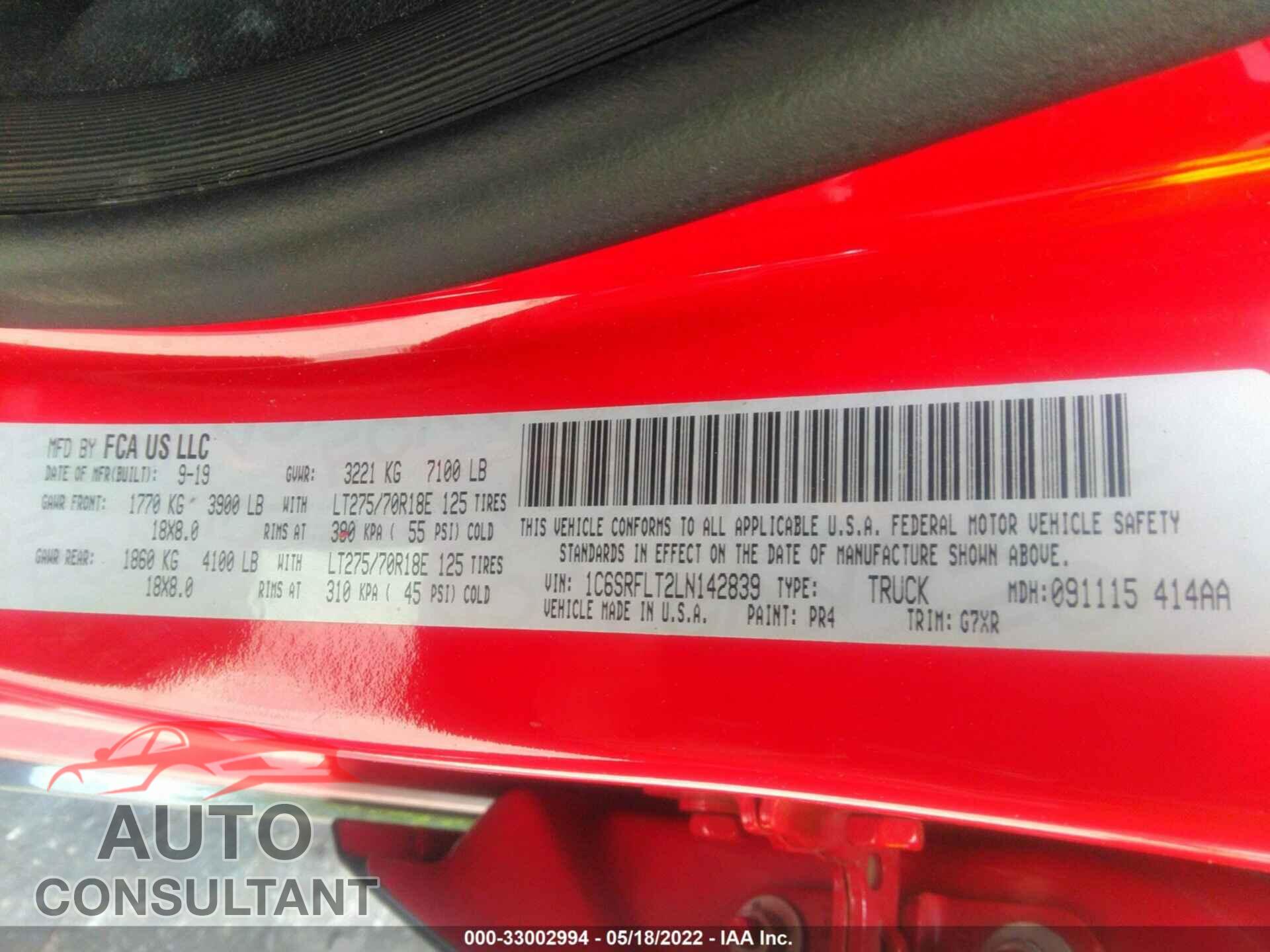 RAM 1500 2020 - 1C6SRFLT2LN142839
