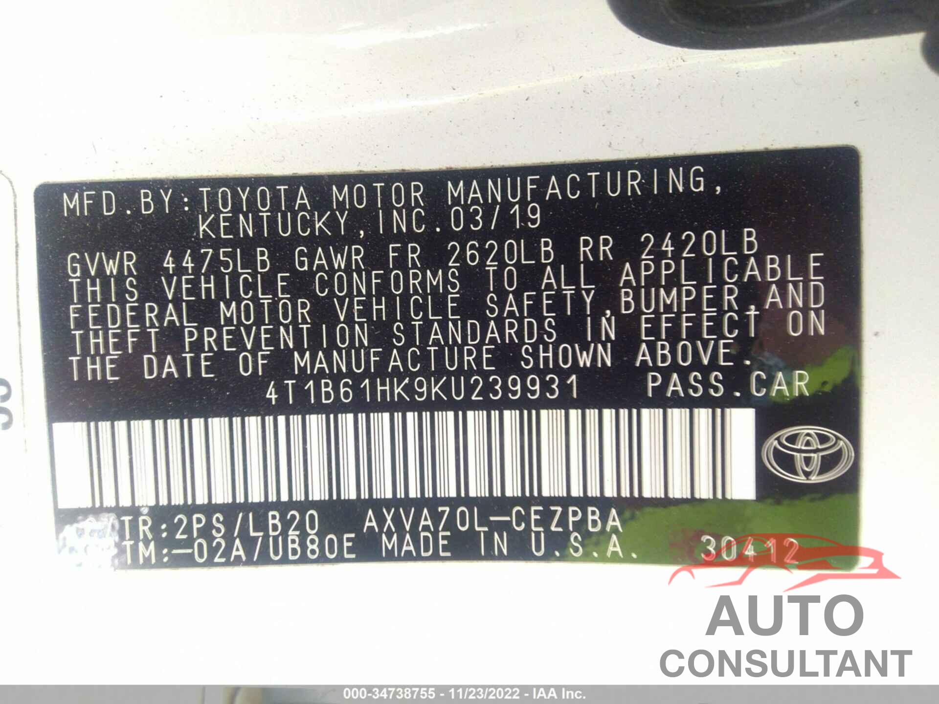 TOYOTA CAMRY 2019 - 4T1B61HK9KU239931