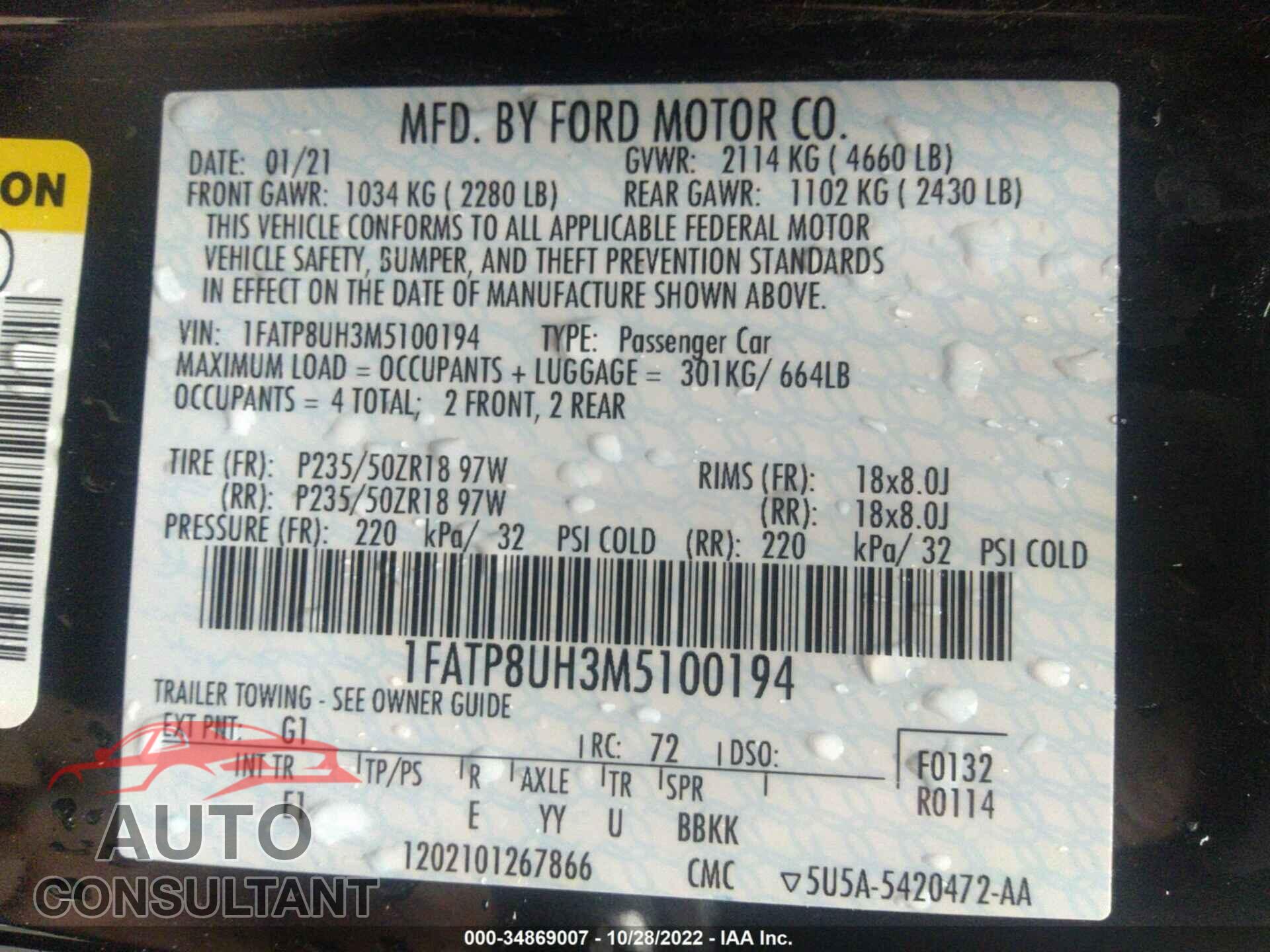 FORD MUSTANG 2021 - 1FATP8UH3M5100194