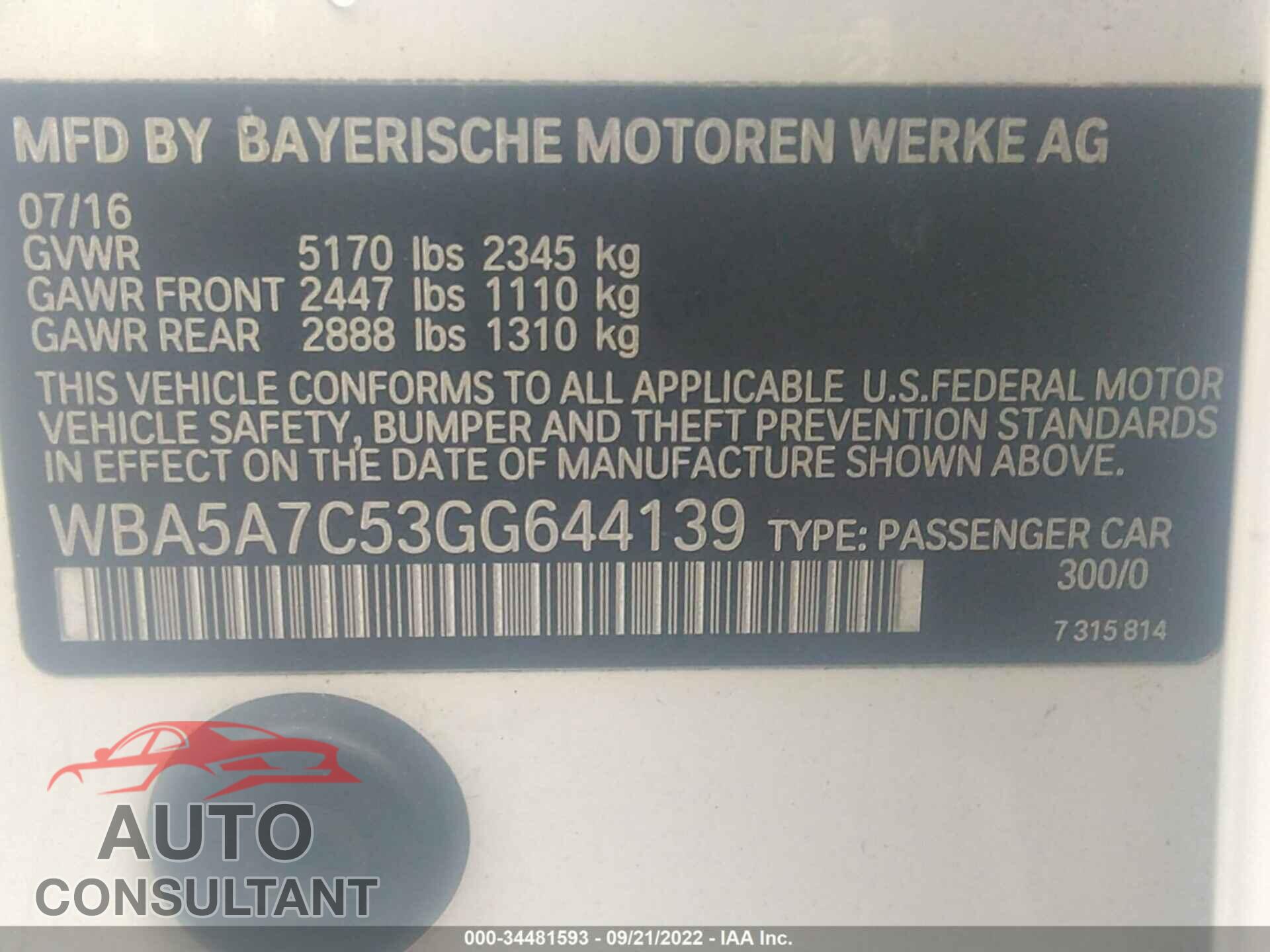 BMW 5 SERIES 2016 - WBA5A7C53GG644139