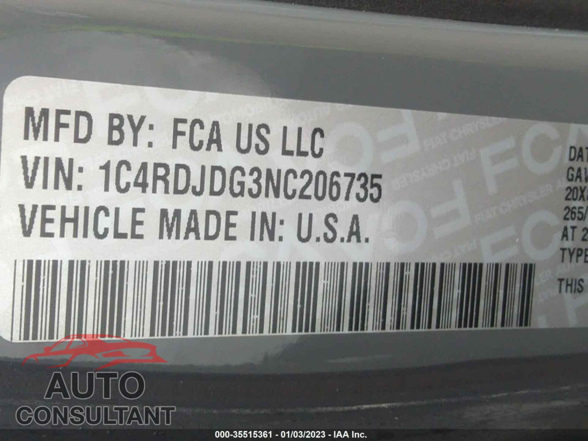 DODGE DURANGO 2022 - 1C4RDJDG3NC206735