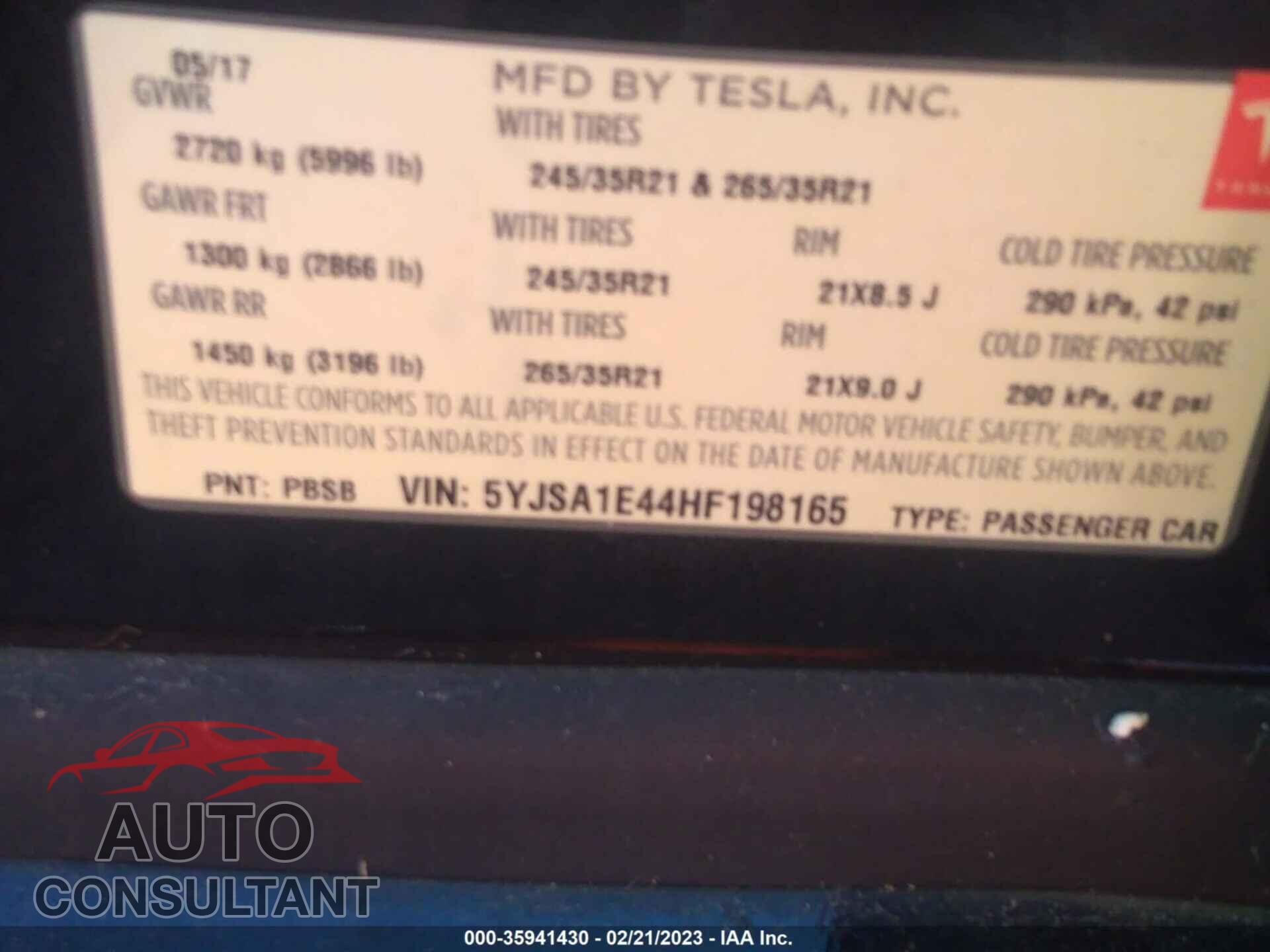 TESLA MODEL S 2017 - 5YJSA1E44HF198165
