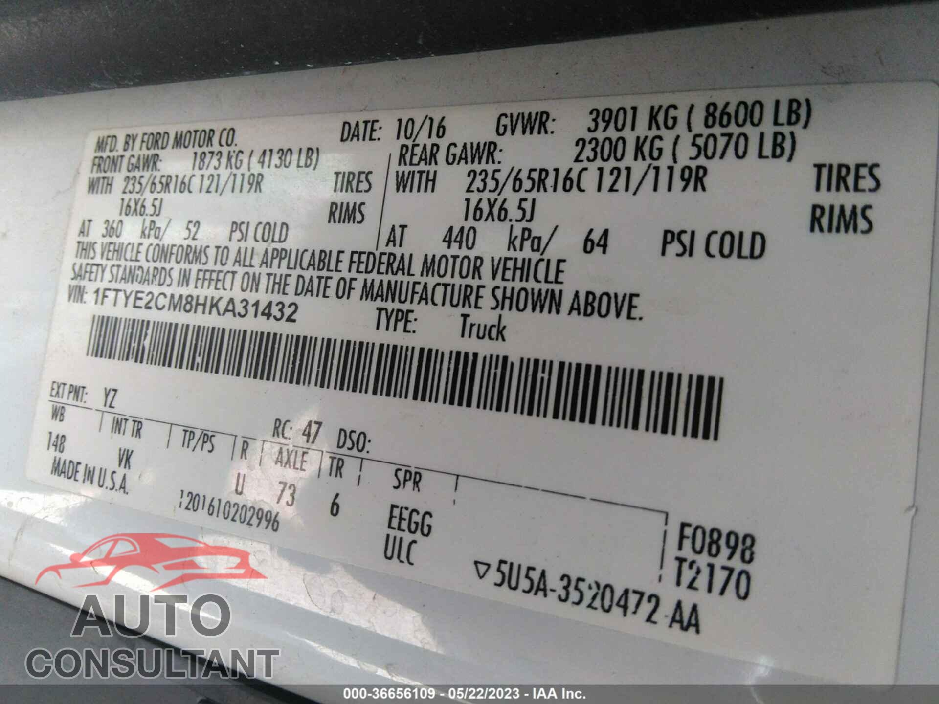FORD TRANSIT-150 2017 - 1FTYE2CM8HKA31432