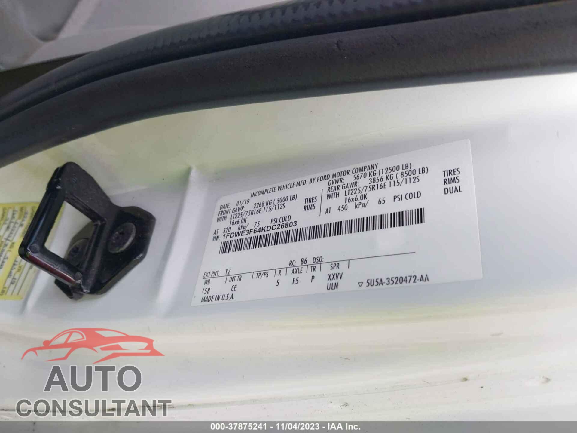 FORD E-SERIES CUTAWAY 2019 - 1FDWE3F64KDC26803