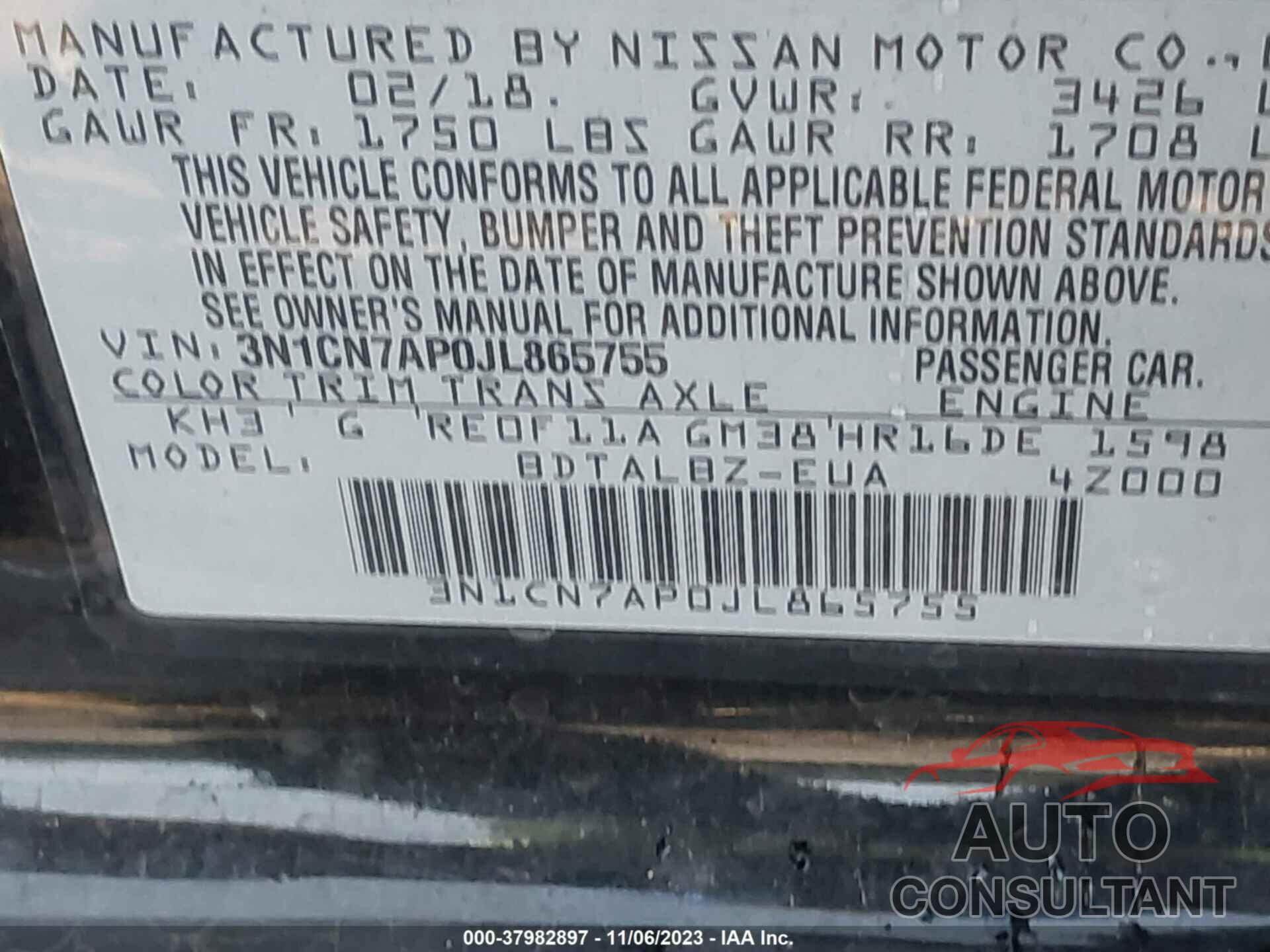 NISSAN VERSA 2018 - 3N1CN7AP0JL865755