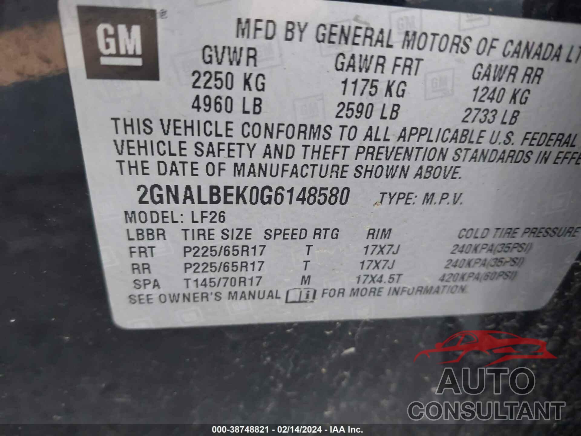 CHEVROLET EQUINOX 2016 - 2GNALBEK0G6148580