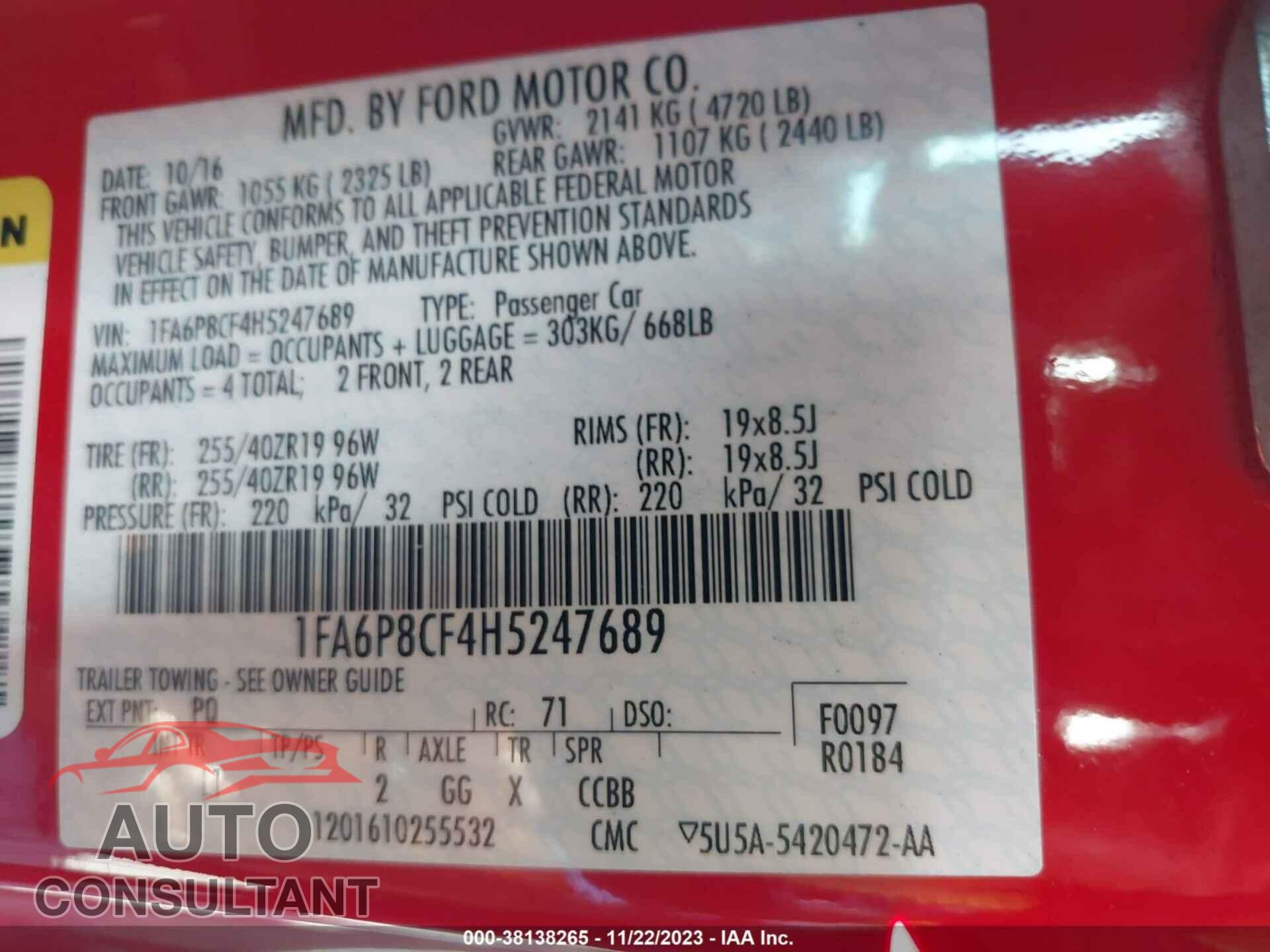 FORD MUSTANG 2017 - 1FA6P8CF4H5247689