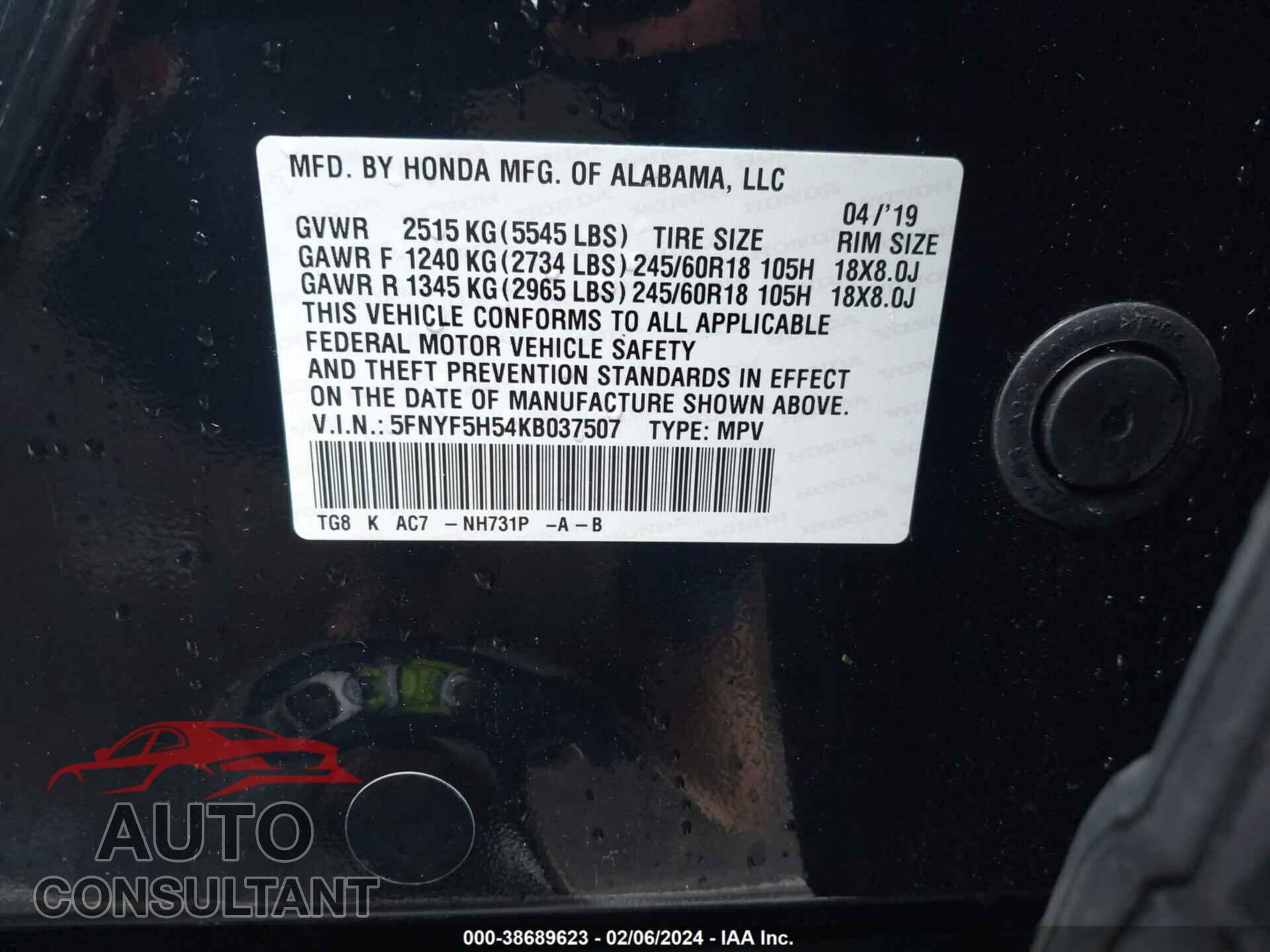HONDA PILOT 2019 - 5FNYF5H54KB037507