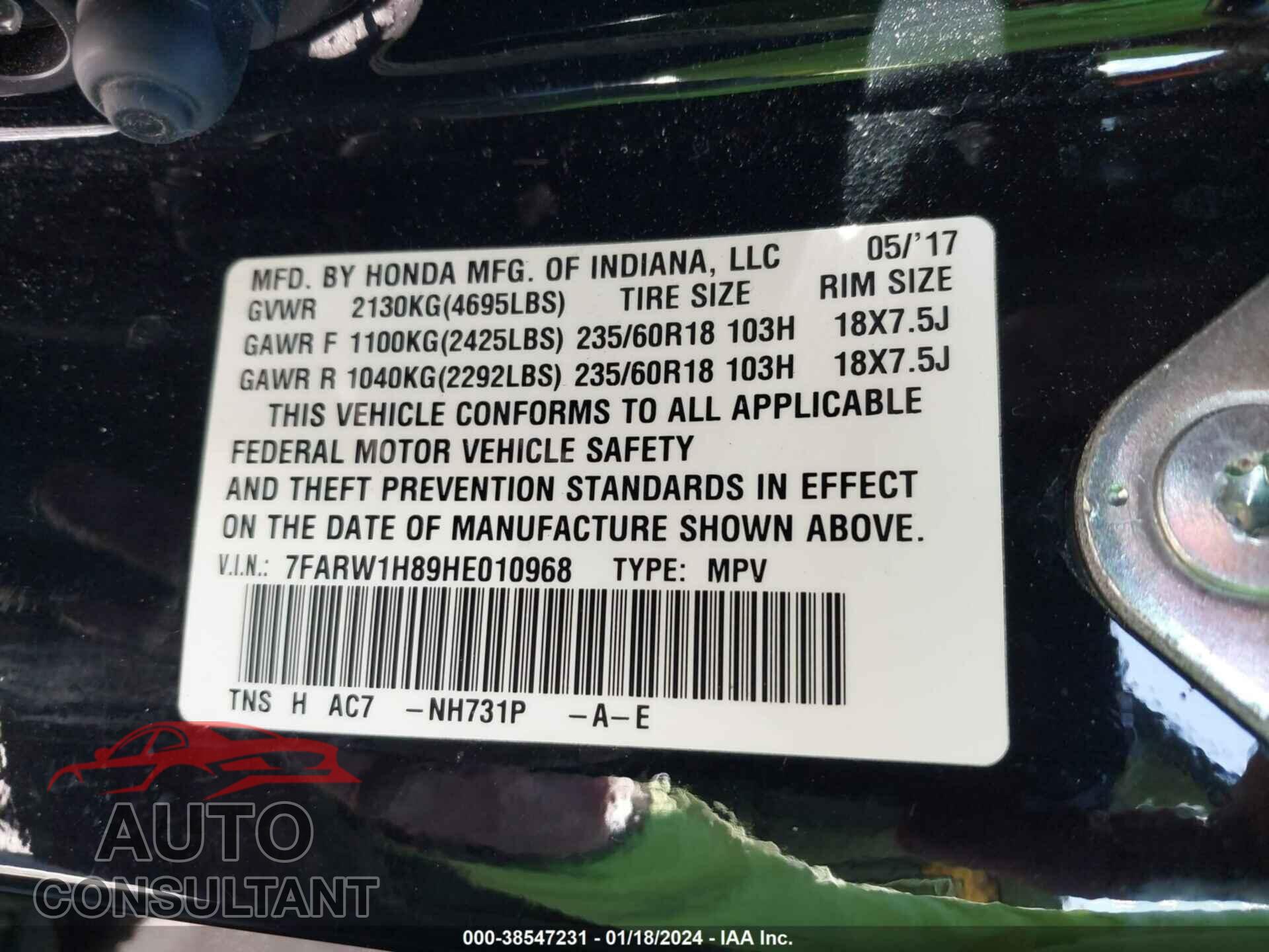 HONDA CR-V 2017 - 7FARW1H89HE010968