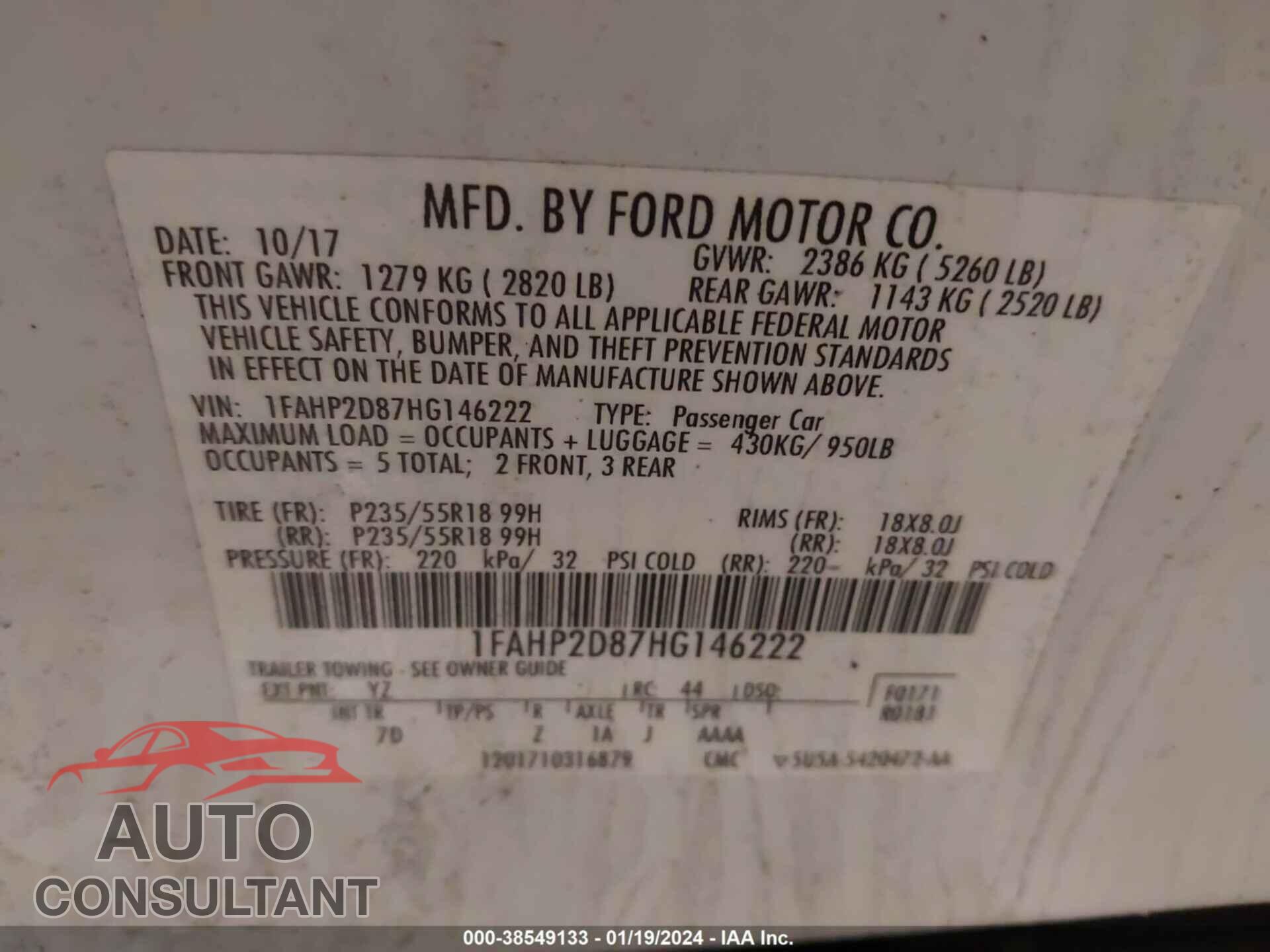FORD TAURUS 2017 - 1FAHP2D87HG146222