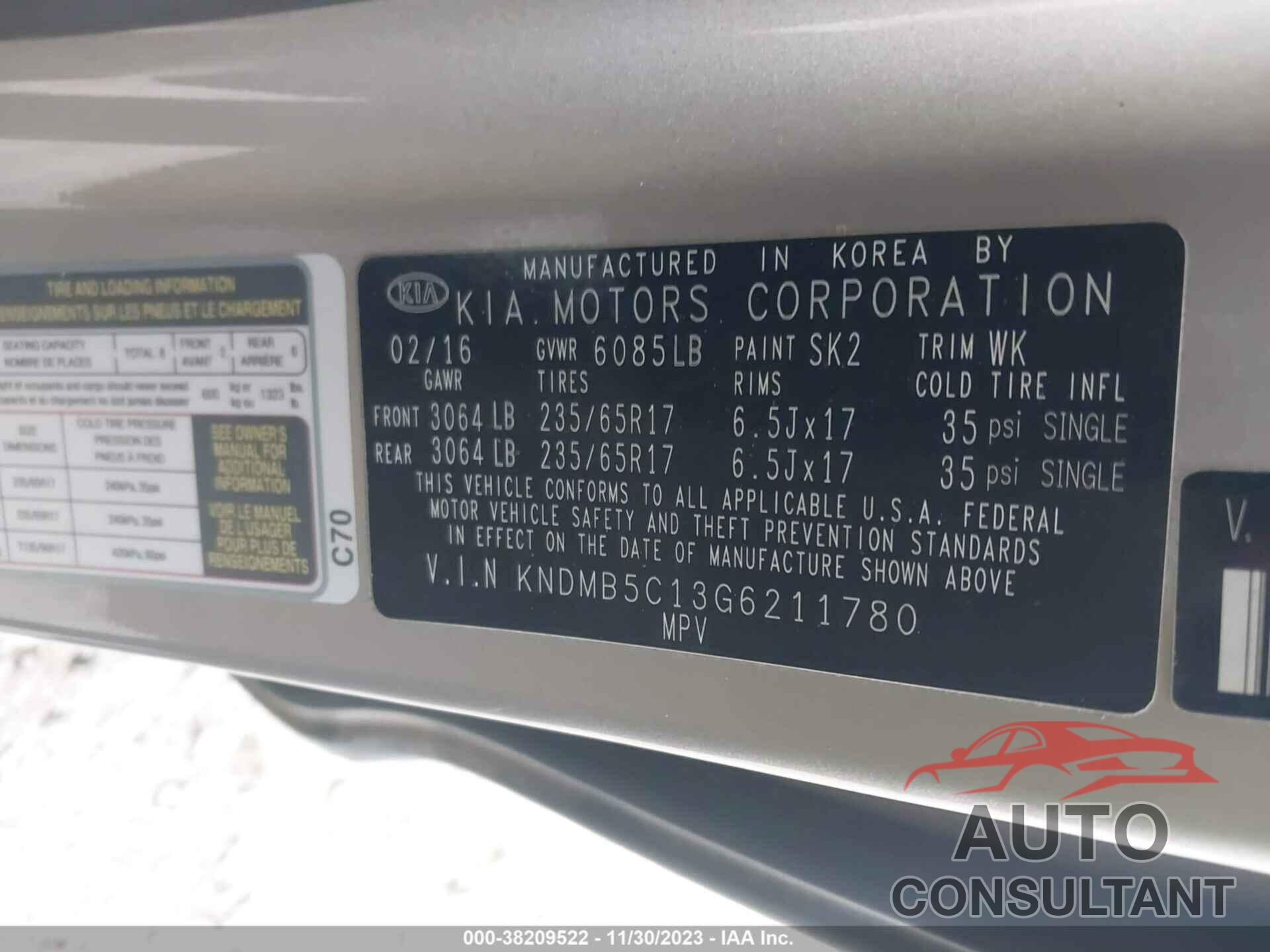 KIA SEDONA 2016 - KNDMB5C13G6211780