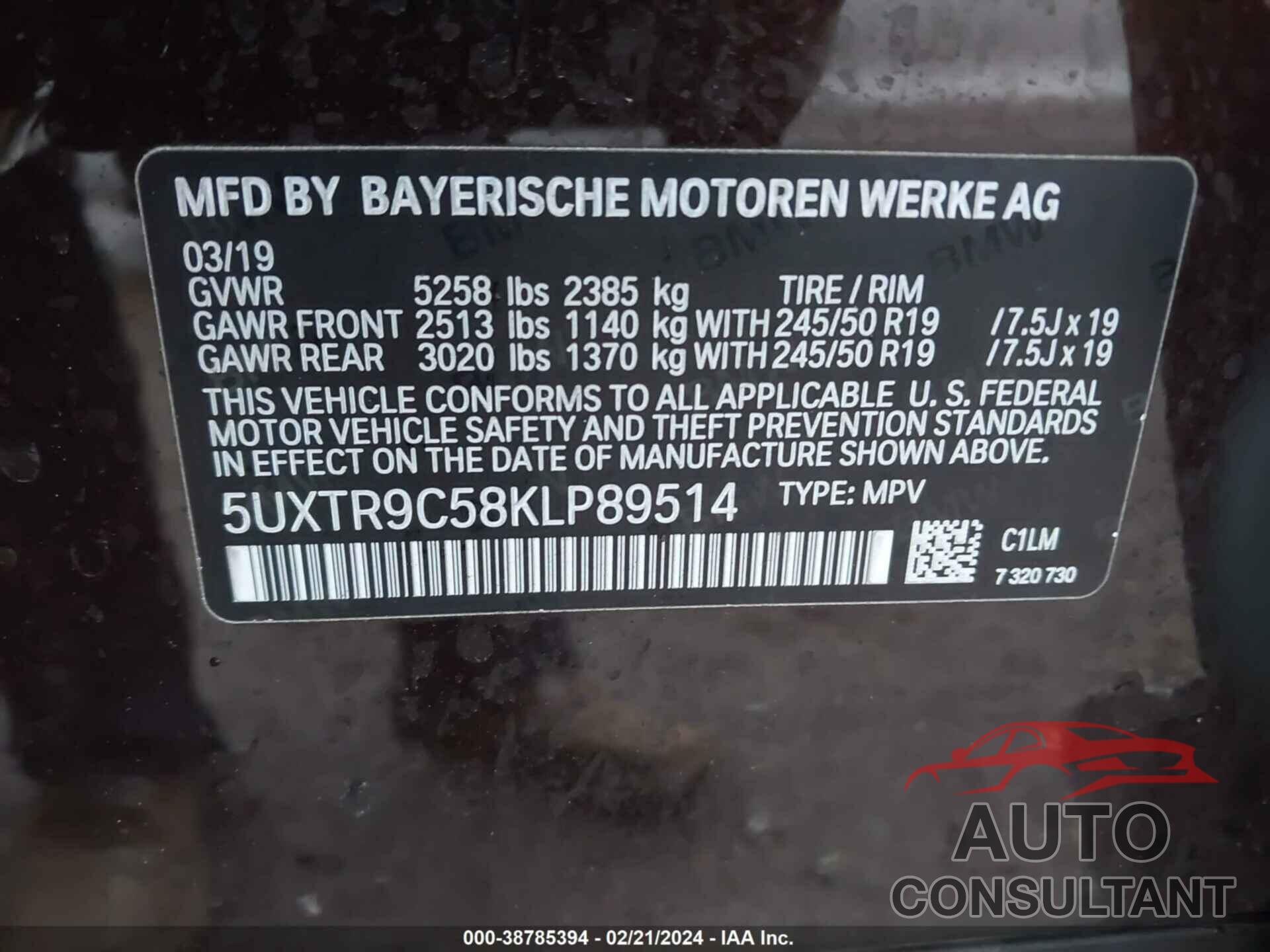 BMW X3 2019 - 5UXTR9C58KLP89514
