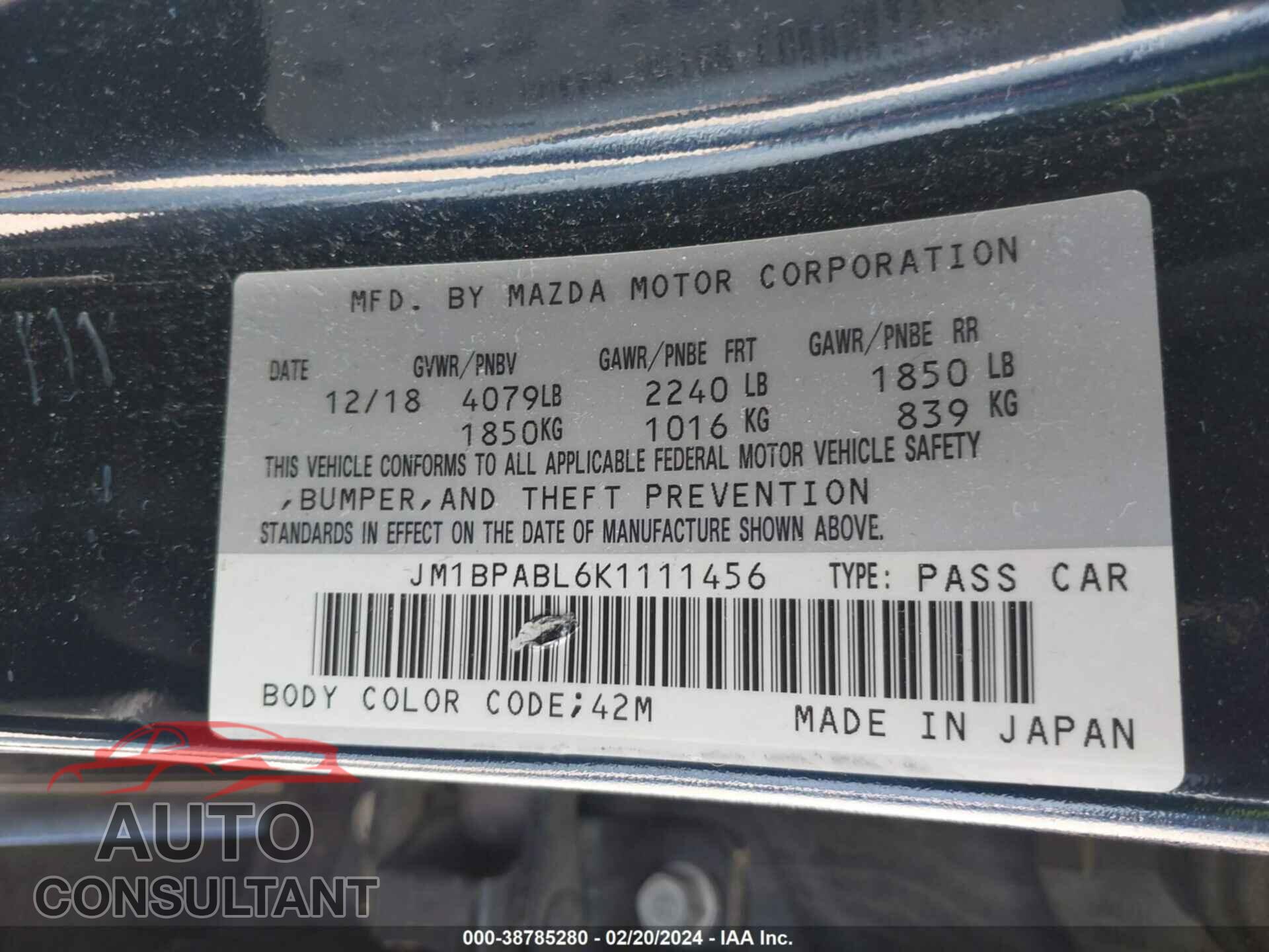MAZDA 3 2019 - JM1BPABL6K1111456