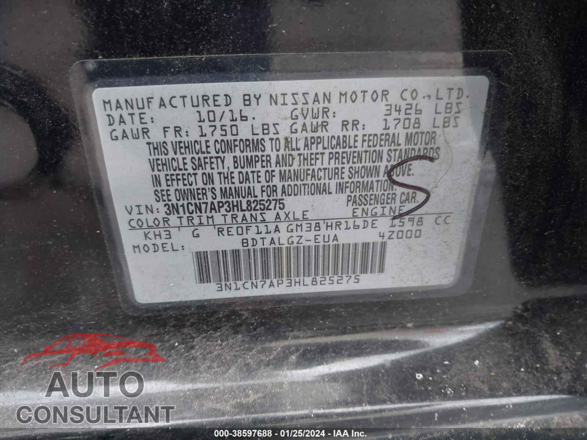 NISSAN VERSA 2017 - 3N1CN7AP3HL825275