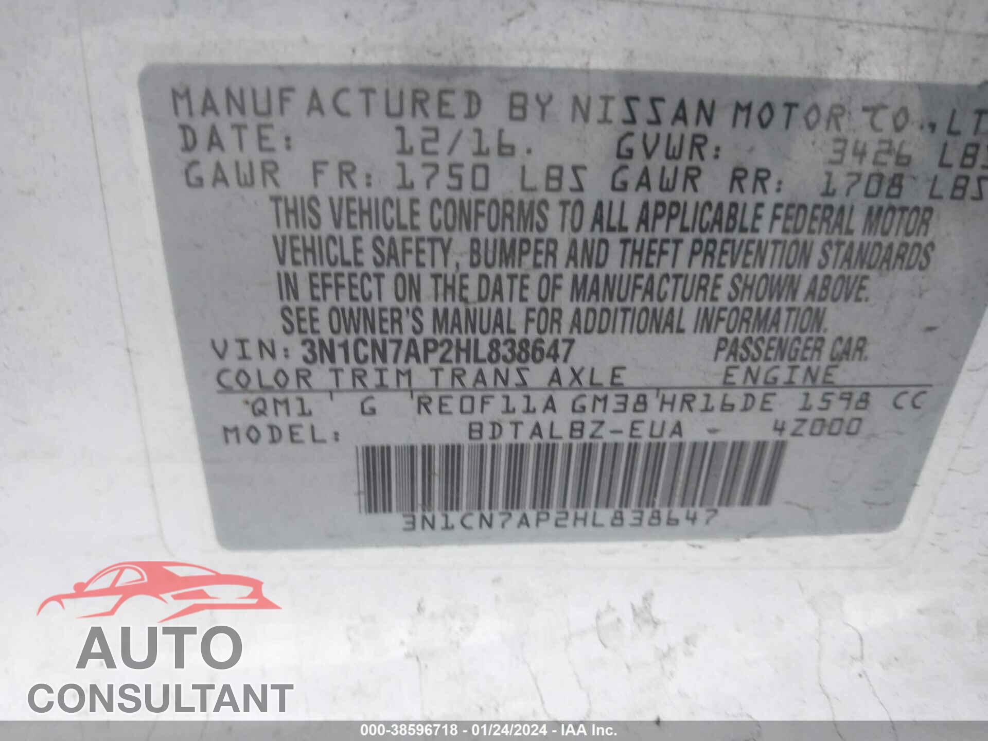 NISSAN VERSA 2017 - 3N1CN7AP2HL838647