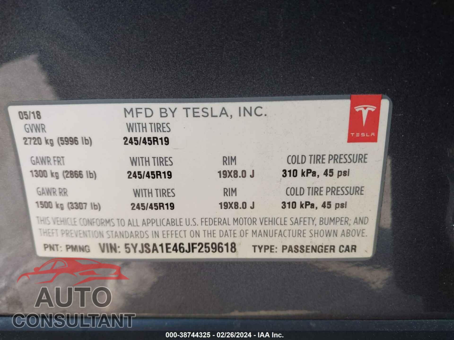 TESLA MODEL S 2018 - 5YJSA1E46JF259618