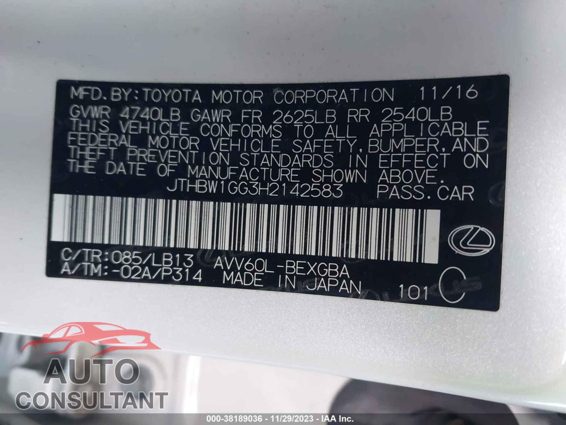 LEXUS ES 2017 - JTHBW1GG3H2142583