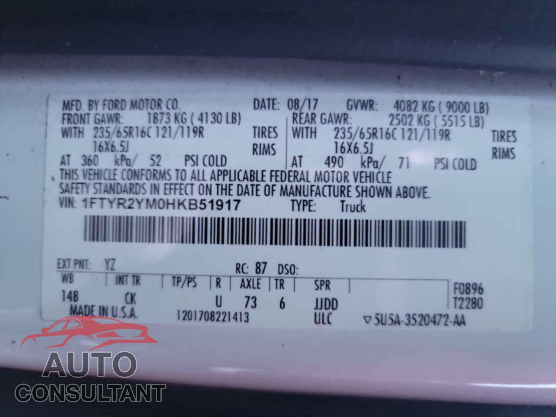 FORD TRANSIT 2017 - 1FTYR2YM0HKB51917
