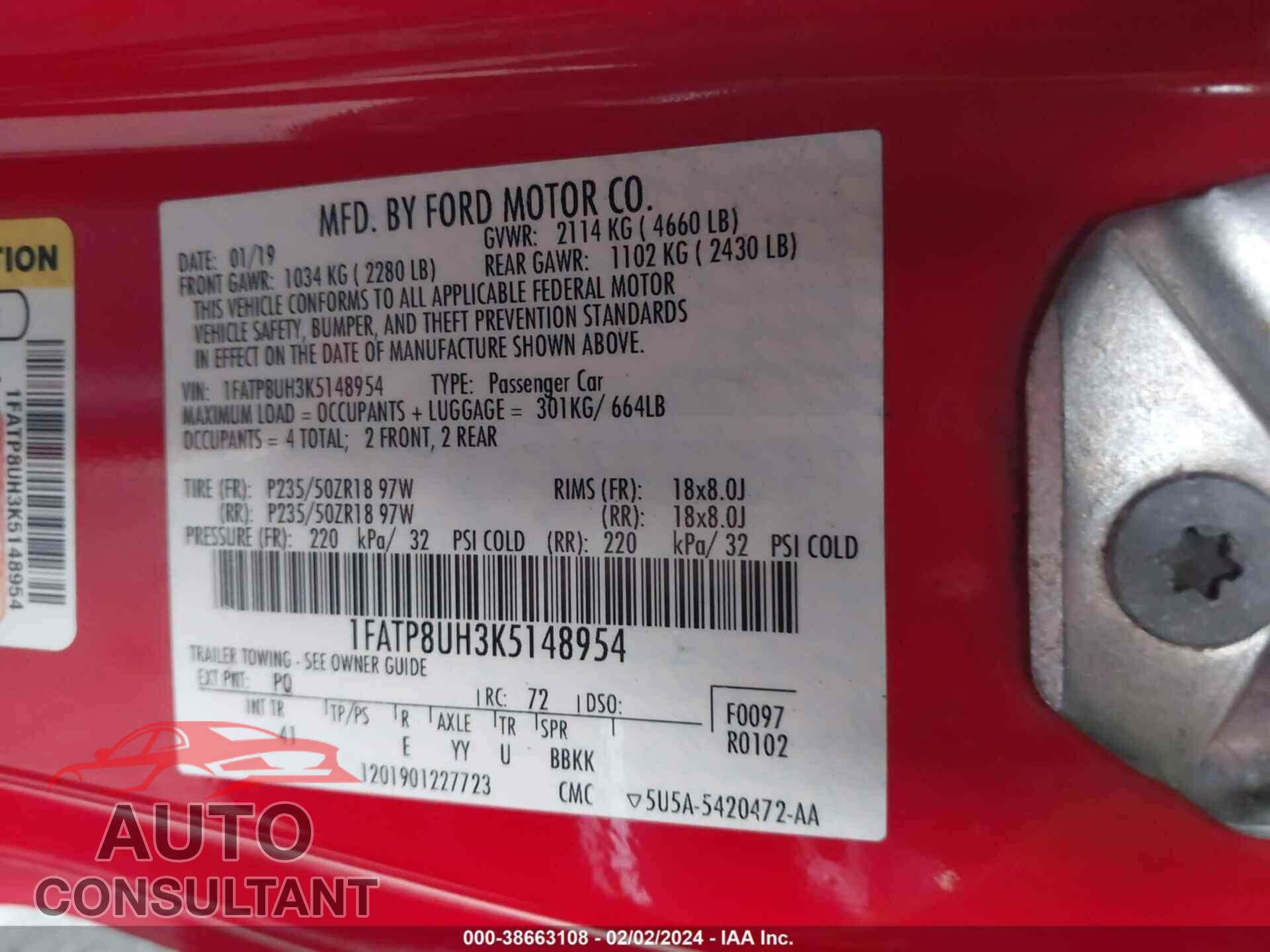 FORD MUSTANG 2019 - 1FATP8UH3K5148954