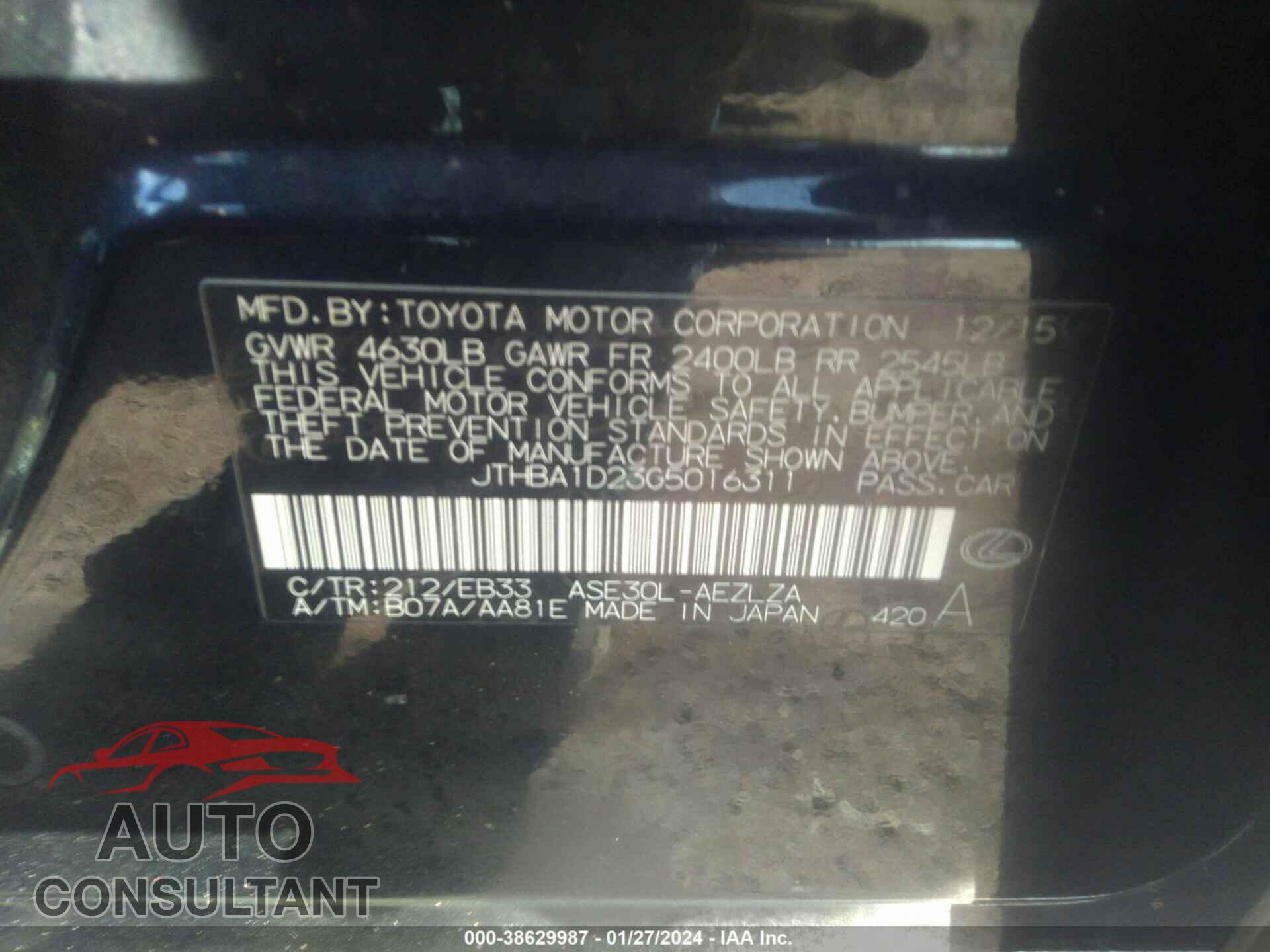 LEXUS IS 200T 2016 - JTHBA1D23G5016311